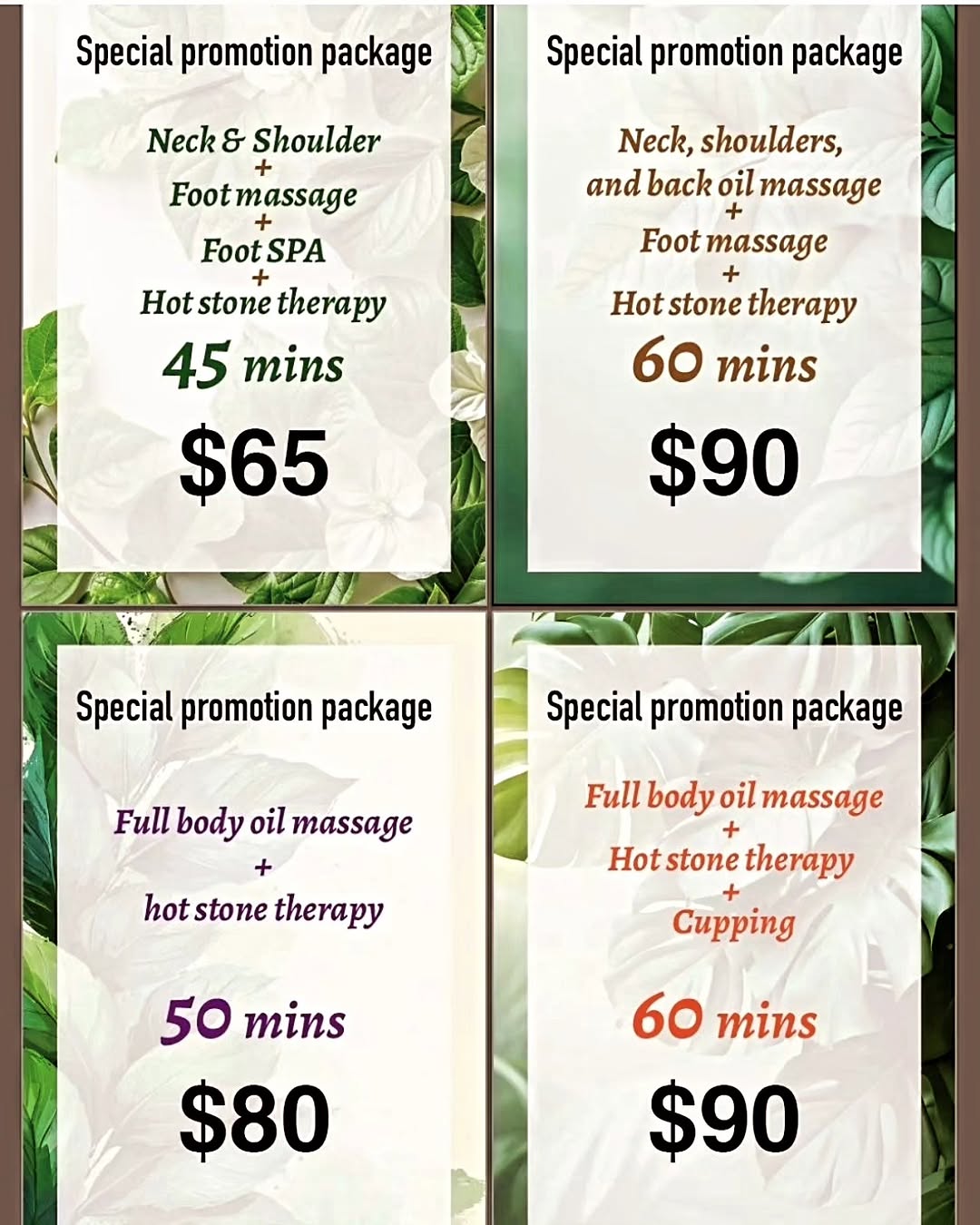 Hot stone massage promotional packages showing combination treatments with prices