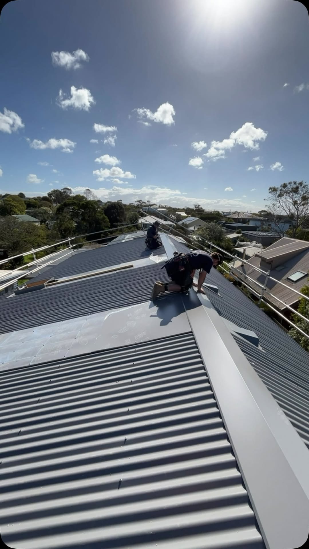 Roofers installing a new metal roof on a Geelong home under a clear blue sky