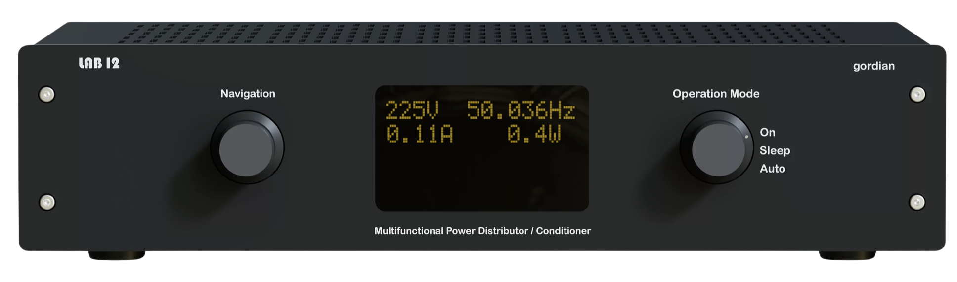 Lab12 Gordian Stromfilter – Frontansicht mit OLED-Display