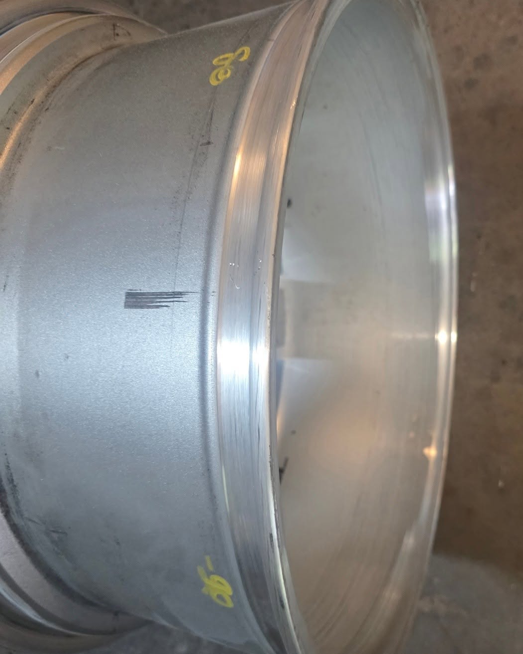 Alloy wheel barrel side profile — refurbishment work in progress