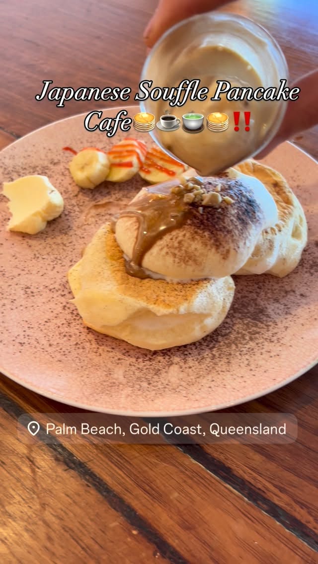 Tiramisu-style soufflé pancake with caramel sauce being poured from a glass at Cafe Bar DokiDoki, Palm Beach
