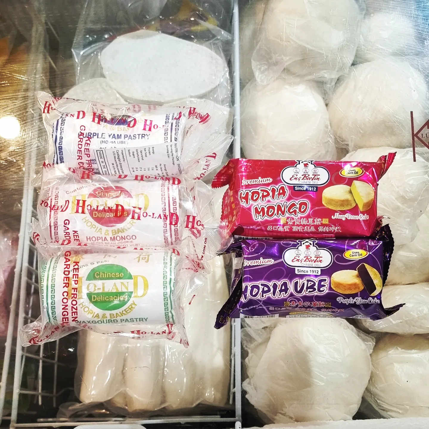 Frozen hopia pastries in ube and mongo flavours