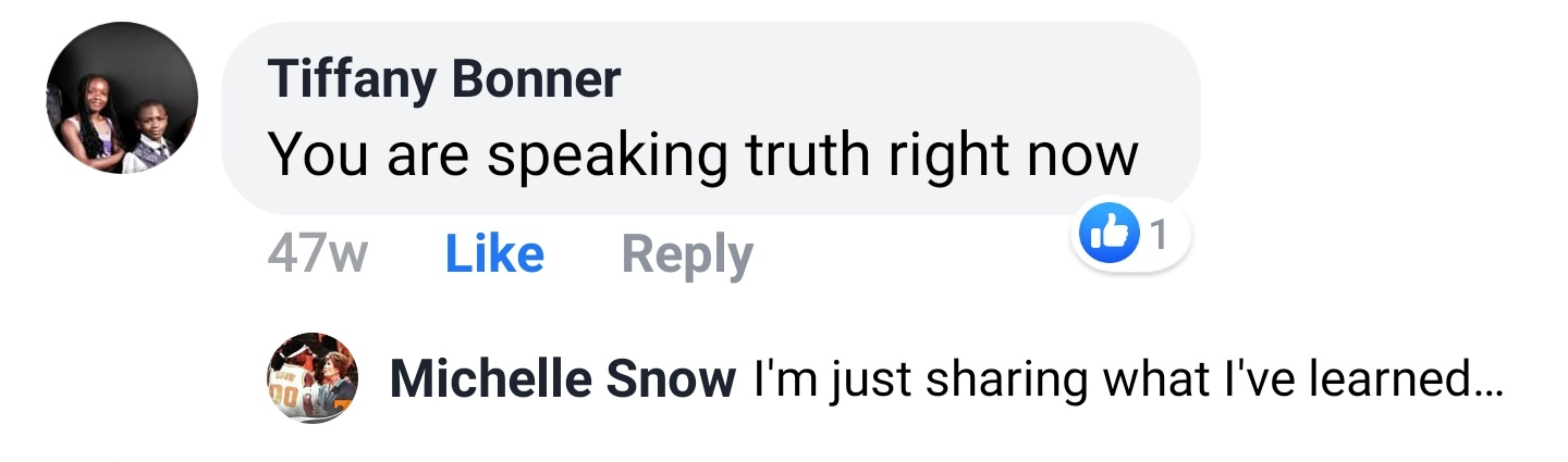 Tiffany Bonner Facebook comment: You are speaking truth right now. Michelle Snow replies: I'm just sharing what I've learned...
