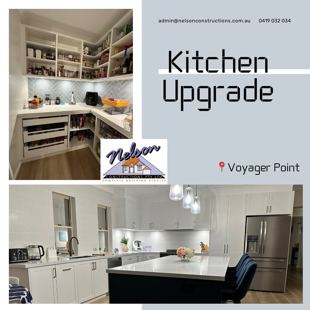 Luxury kitchen renovation by Nelson Constructions in Voyager Point featuring island bench, pendant lights and custom walk-in pantry