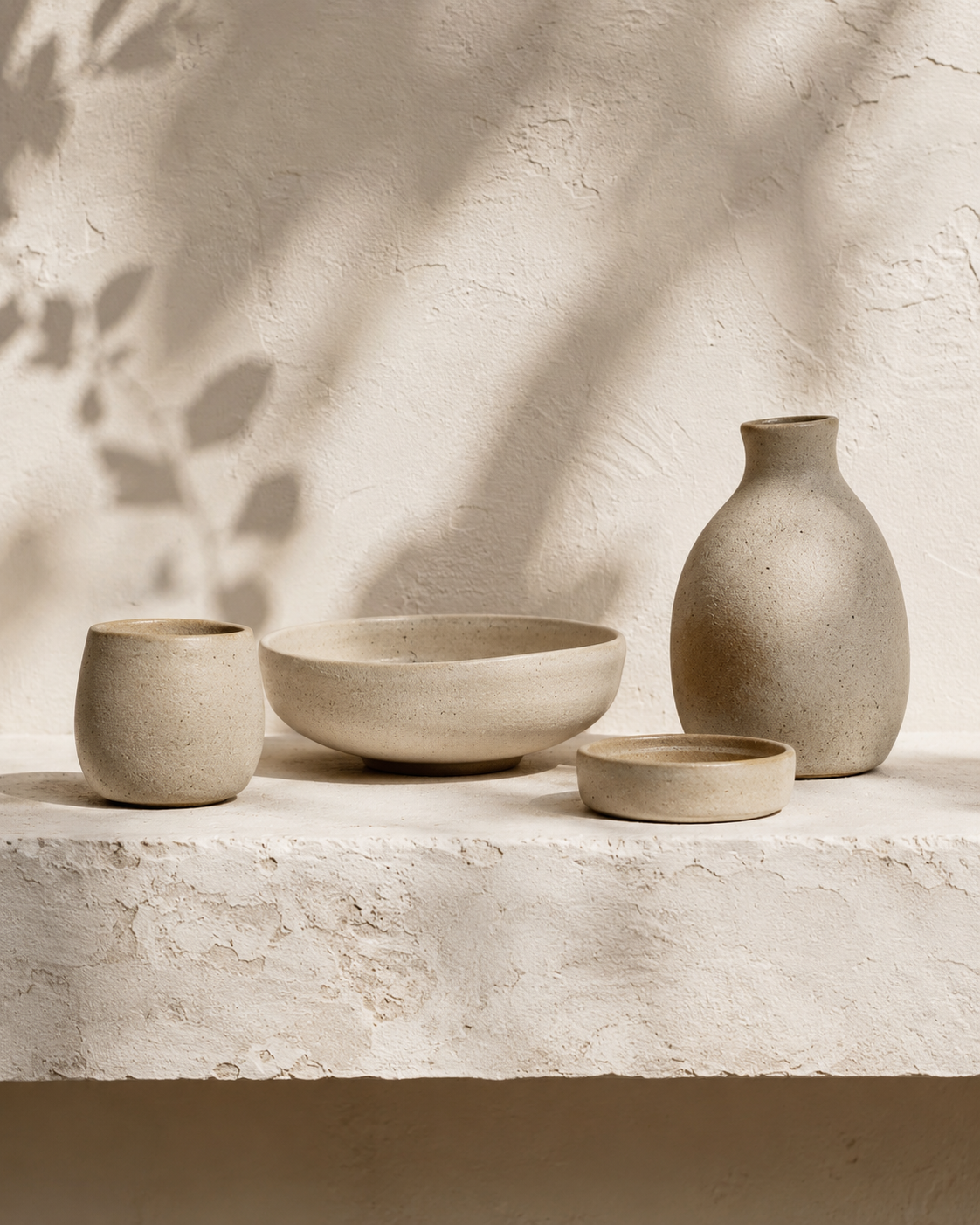 Four handmade ceramic pieces on a textured plaster ledge with leaf shadows