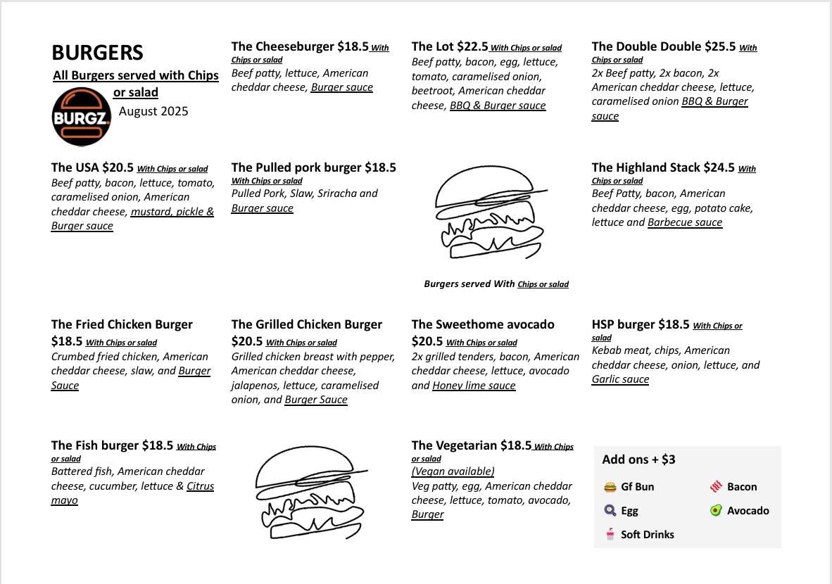 BURGZ burgers menu page listing burger options and prices