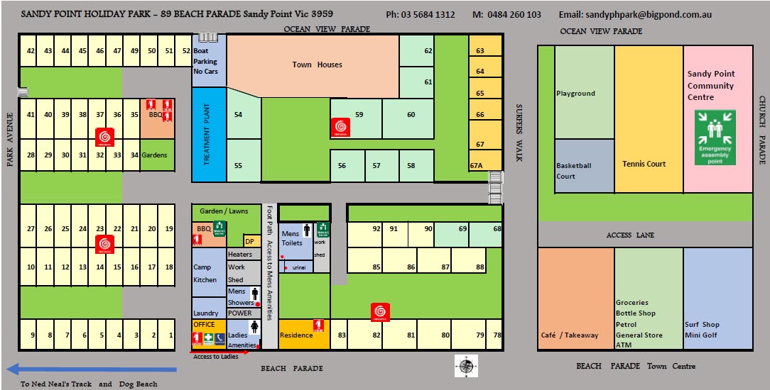 Sandy Point Holiday Park site layout map showing caravan sites, facilities, and amenities at 89 Beach Parade
