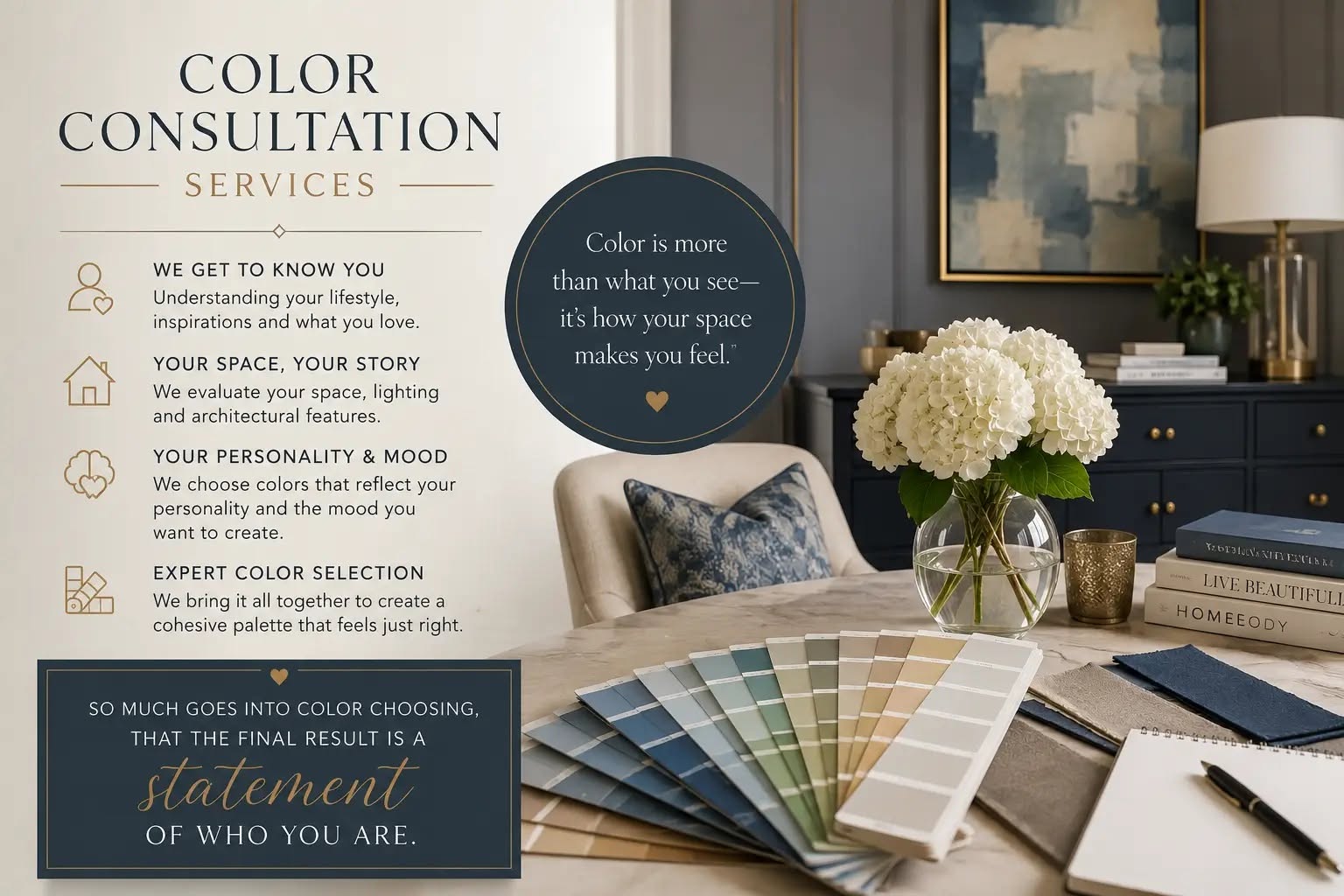 Professional colour consultation with paint swatches and interior design styling