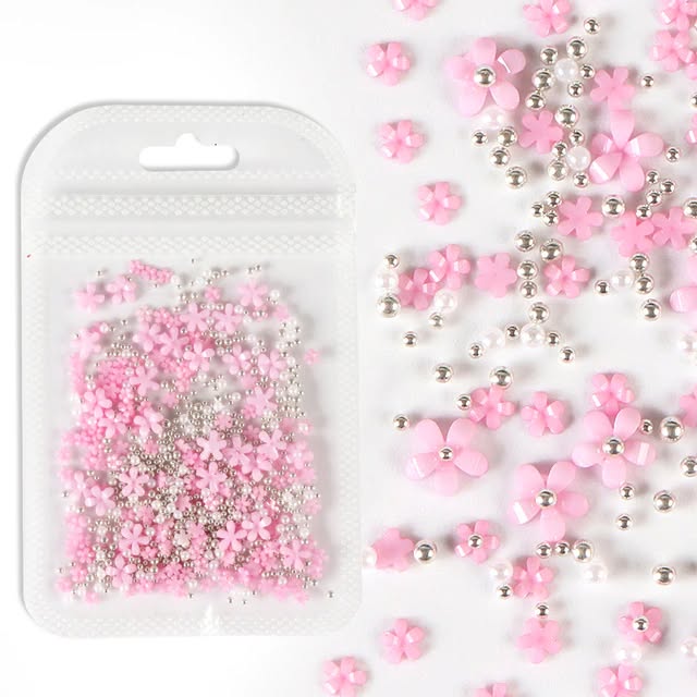 Pink flower nail art charms with silver beads