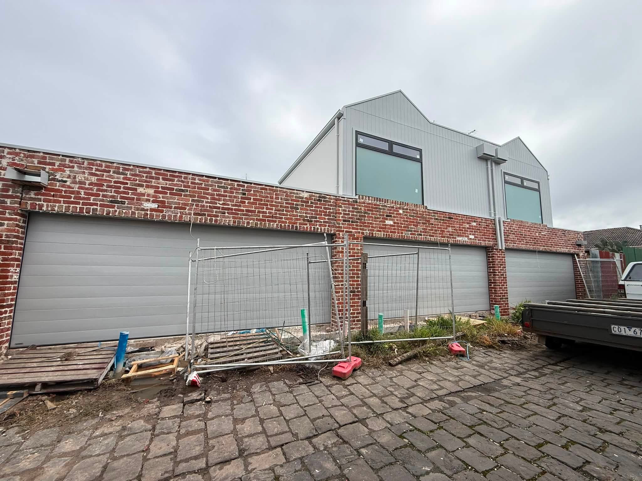 Completed garage door installation, exterior view