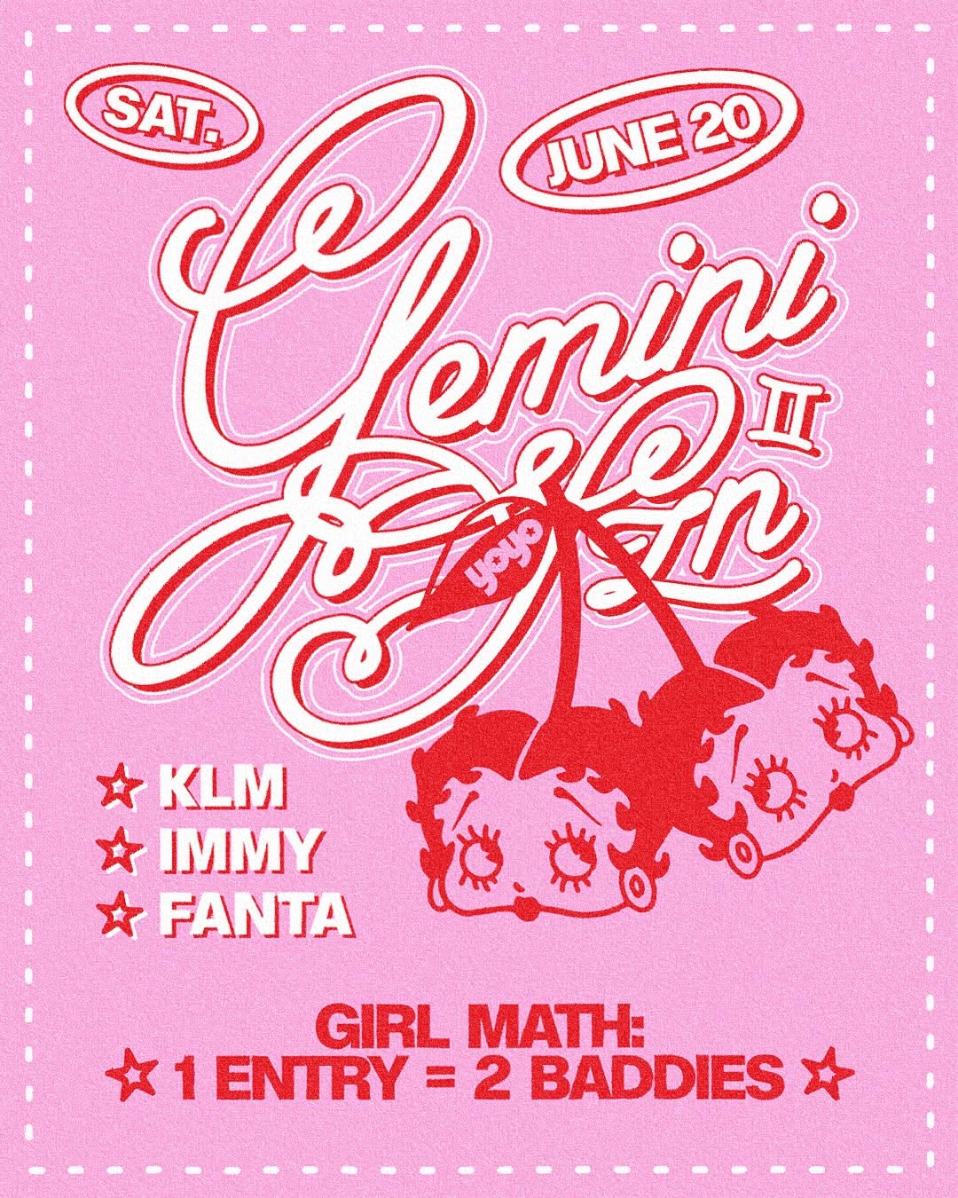 Yoyo Shisha Lounge event poster — Gemini Season II, Saturday June 20. Pink illustrated event flyer.