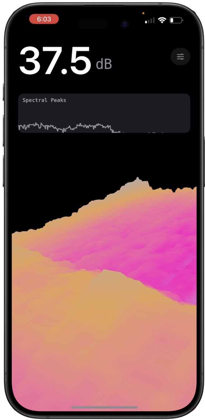 Decibel Meter Pro showing 37.5 dB reading with spectral analysis and gradient visualization