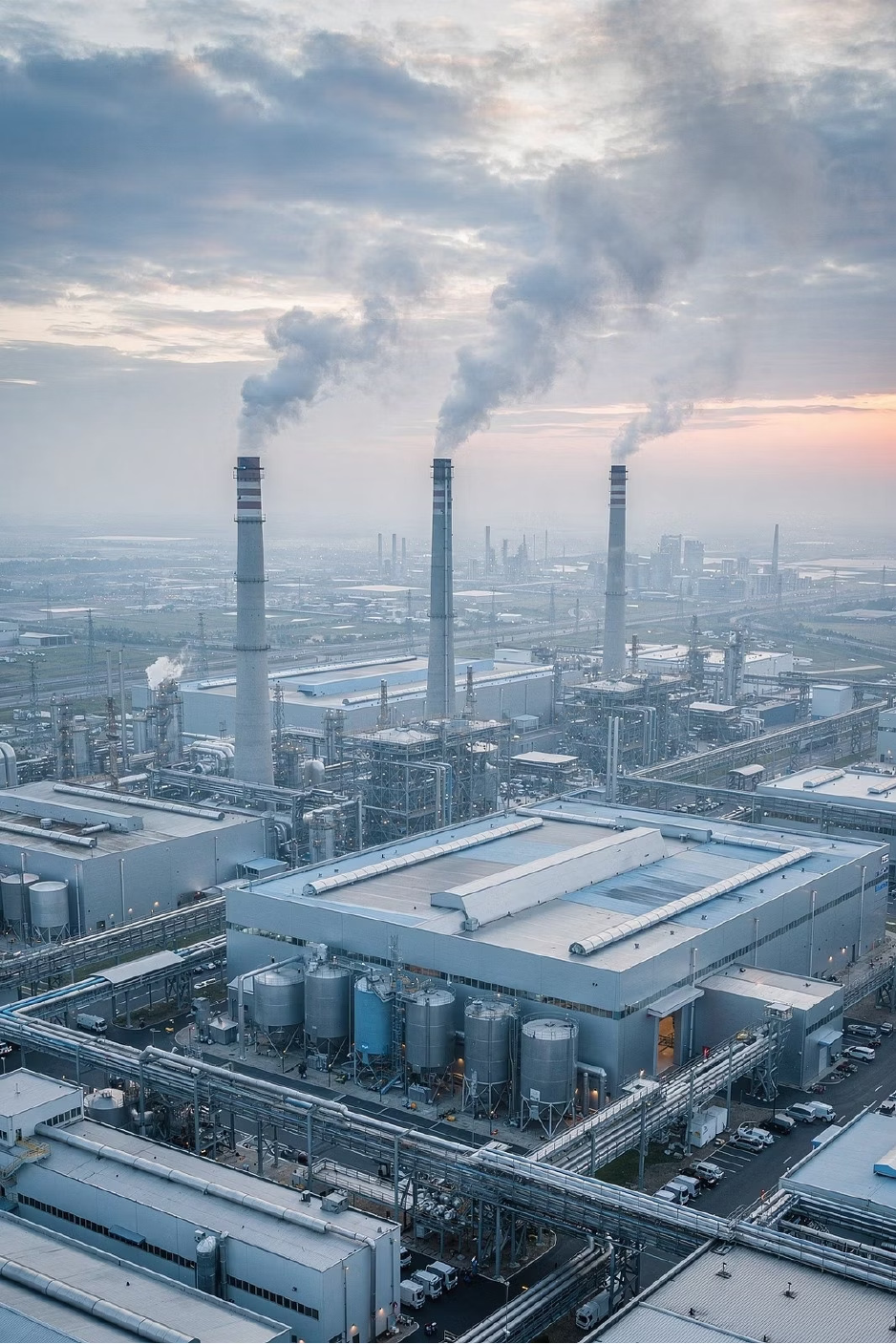 Vista aérea de complexo industrial com chaminés