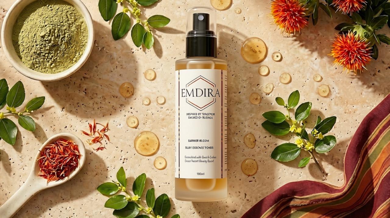 EMDIRA Barrier Bloom product bottle arranged with botanicals and saffron