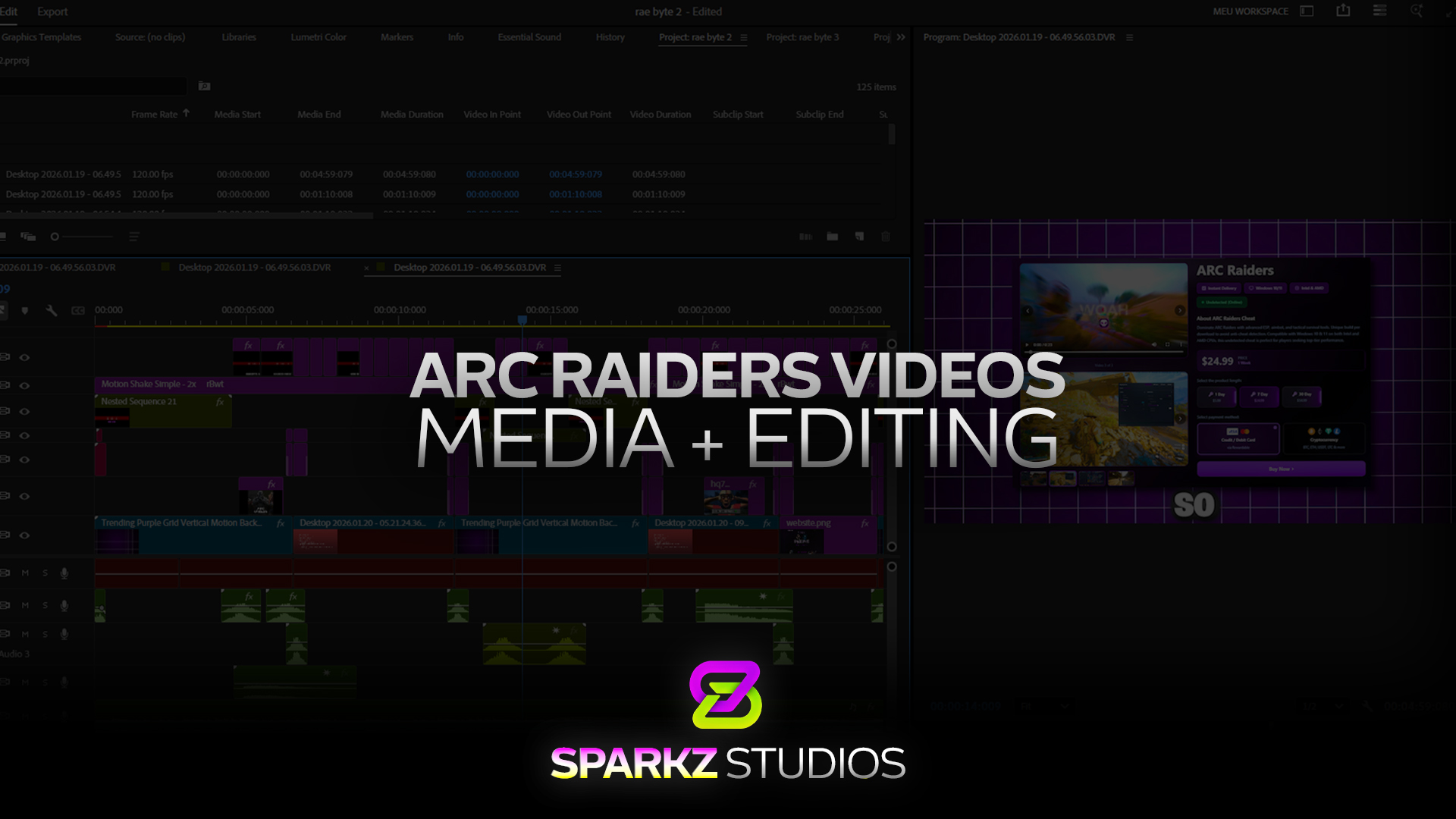 ARC Raiders media and editing showcase with a video timeline and purple website promotional visuals.