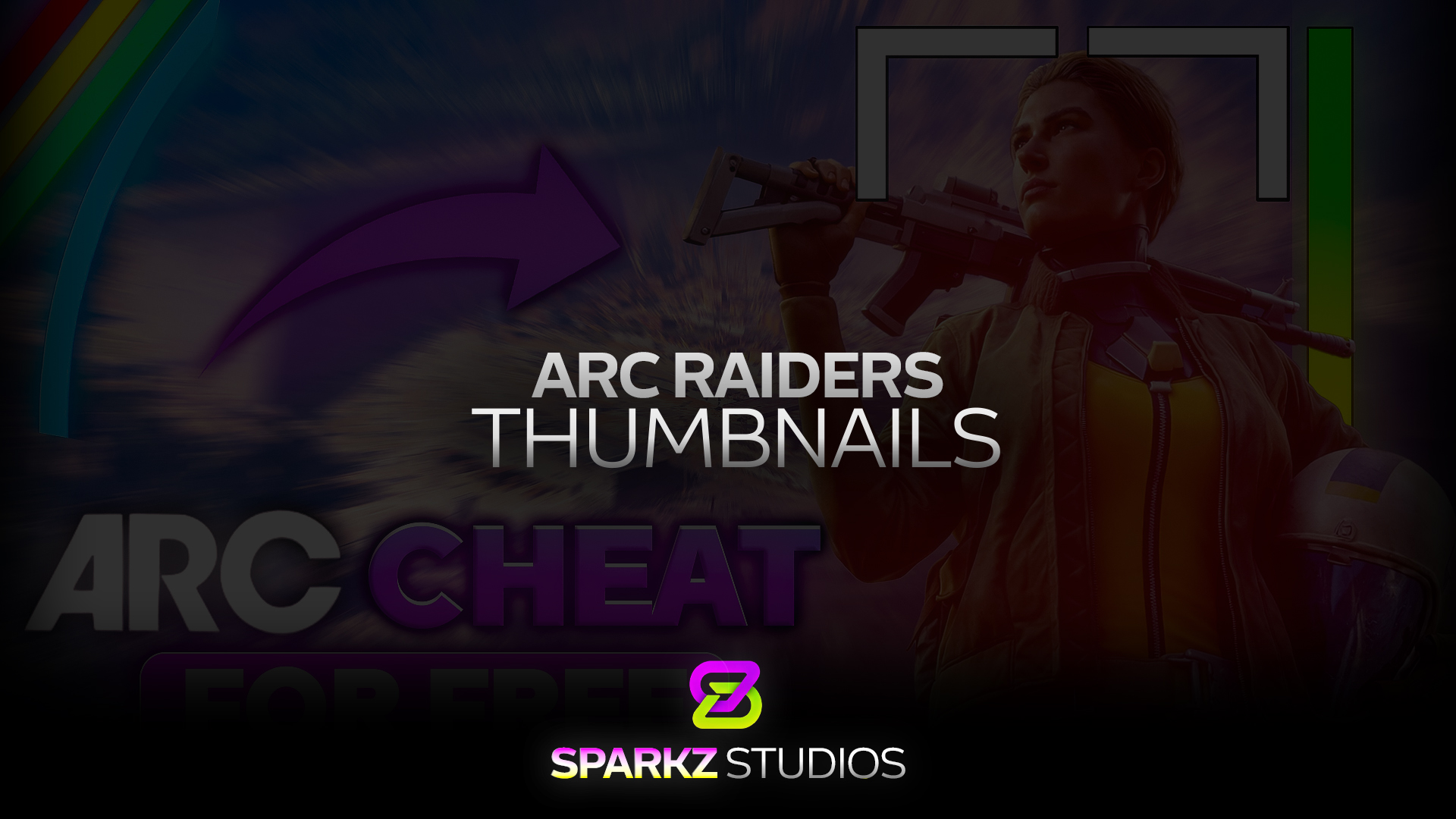 ARC Raiders thumbnail showcase with rainbow accents, a purple arrow, and an armed game character.