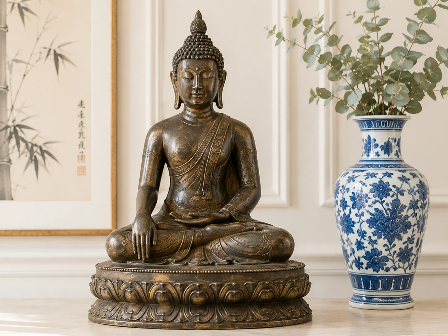 Bouddha en bronze patiné et vase en porcelaine bleu et blanc