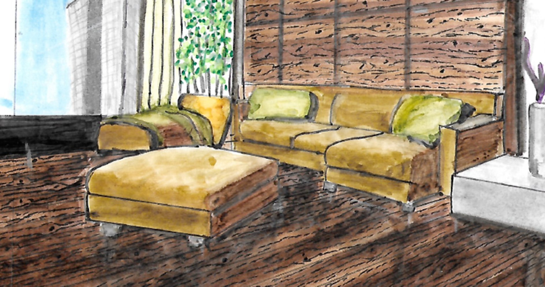 (07) Mustard sofa with green accents and natural wood tones