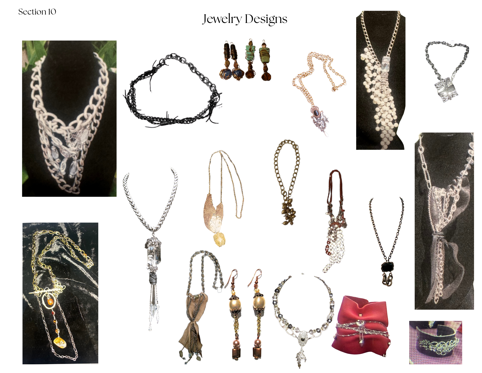 (01) Jewelry design collection featuring diverse styles with metalwork, gemstones, and mixed materials