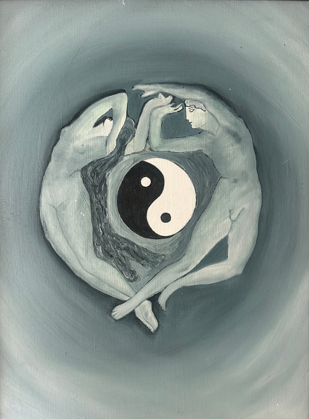 (02) Serene yin-yang painting with intertwined hands in grayscale and spiritual tones