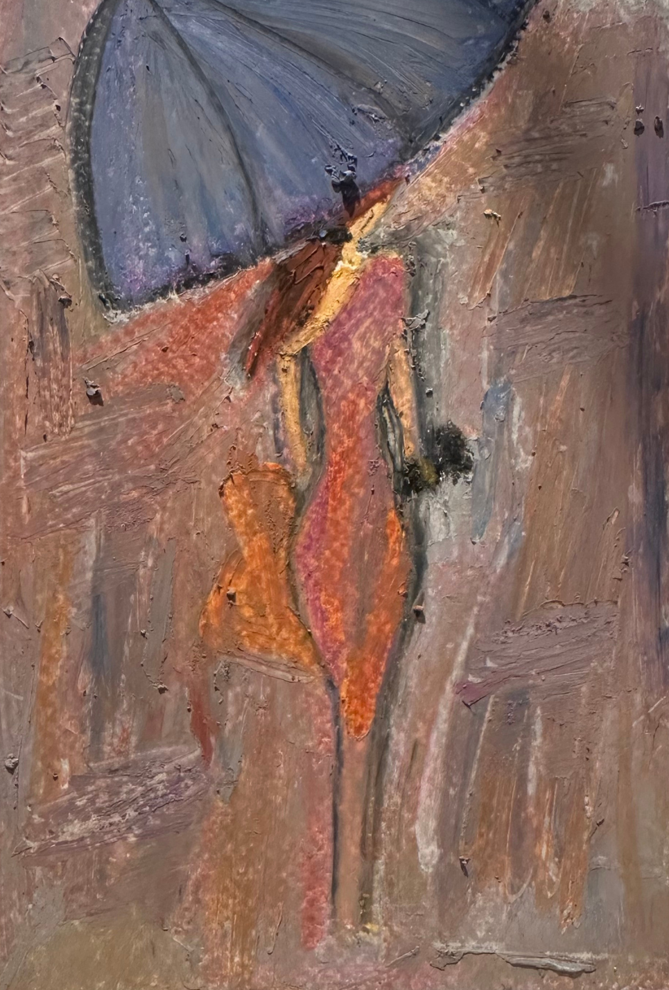 (05) Abstract acrylic figure with umbrella in earthy browns, oranges, and vibrant blue