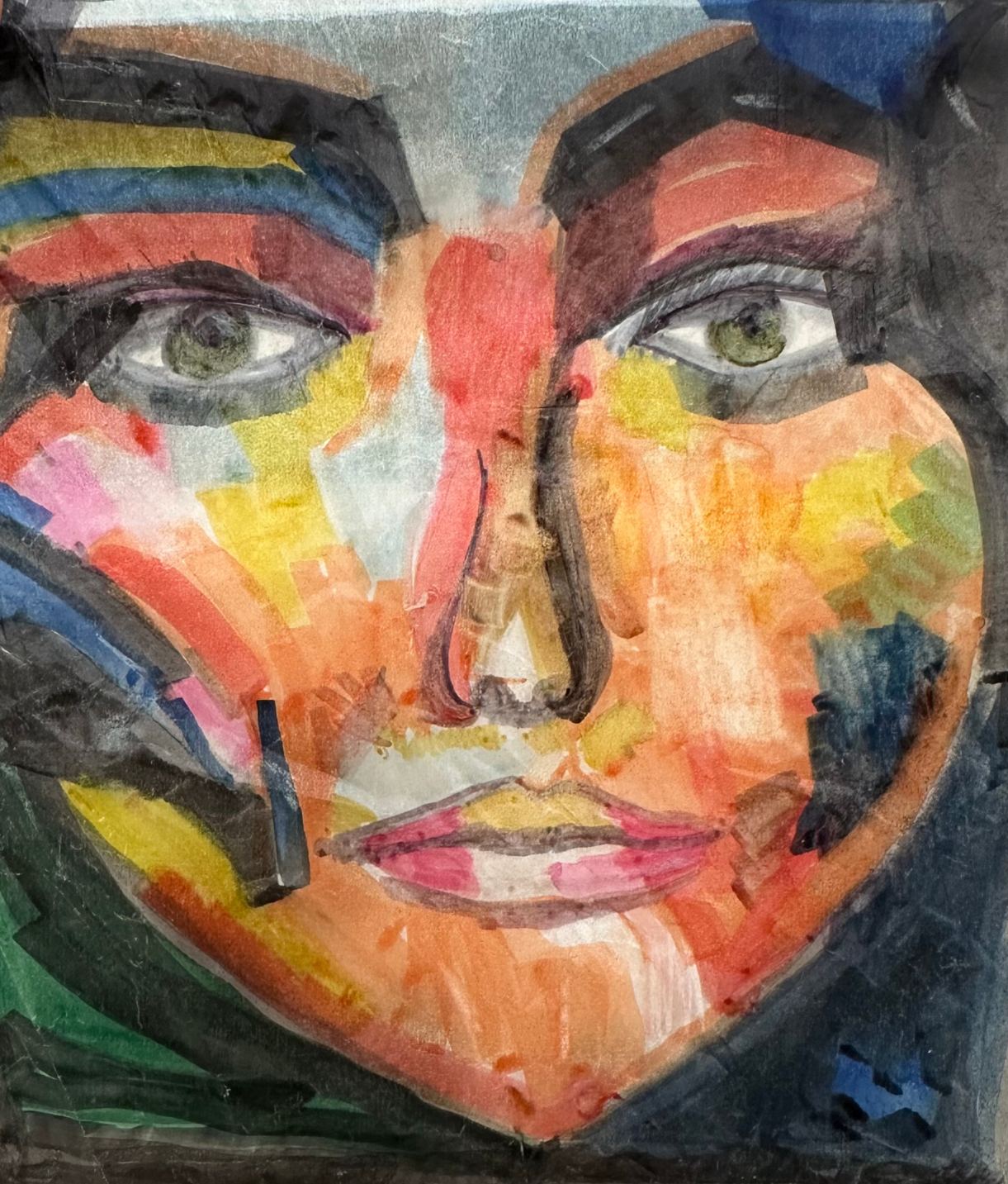(06) Expressive marker portrait with bold multicolored abstract forms and striking green eyes