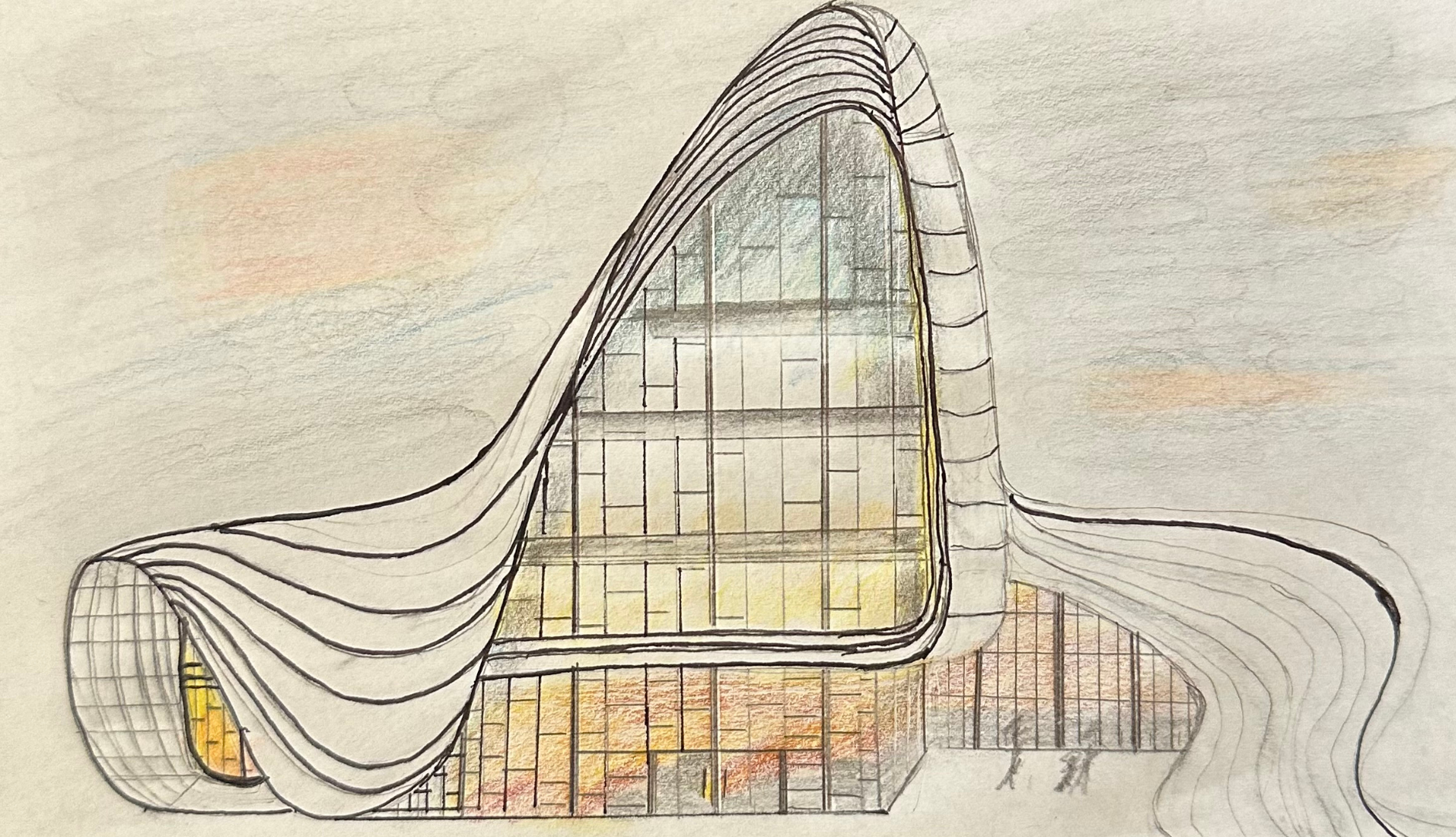 (01) Inspired by Zaha Hadid. Emphasizes flowing curves, spatial grid and organic forms.