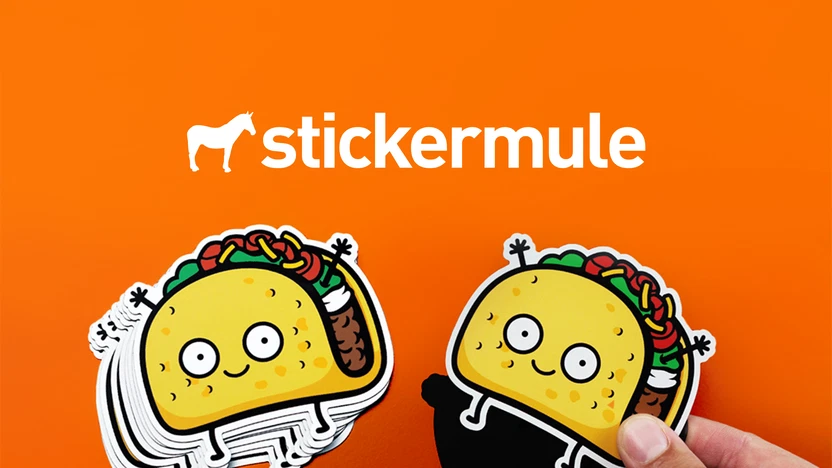 Sticker Mule brand on orange background with cute taco die-cut stickers