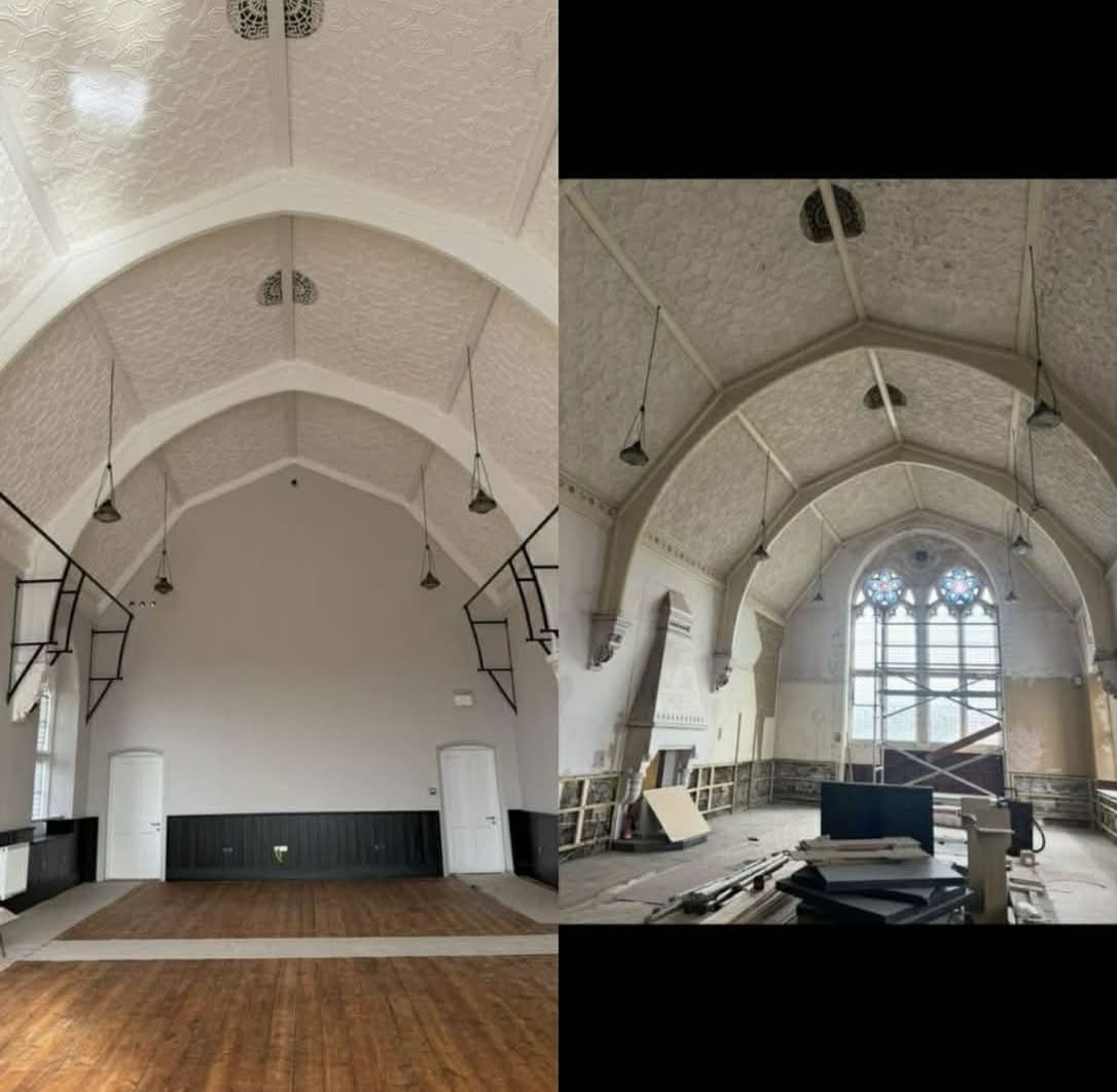 Bridge Chambers interior during renovation showing arched ceilings and pendant lights
