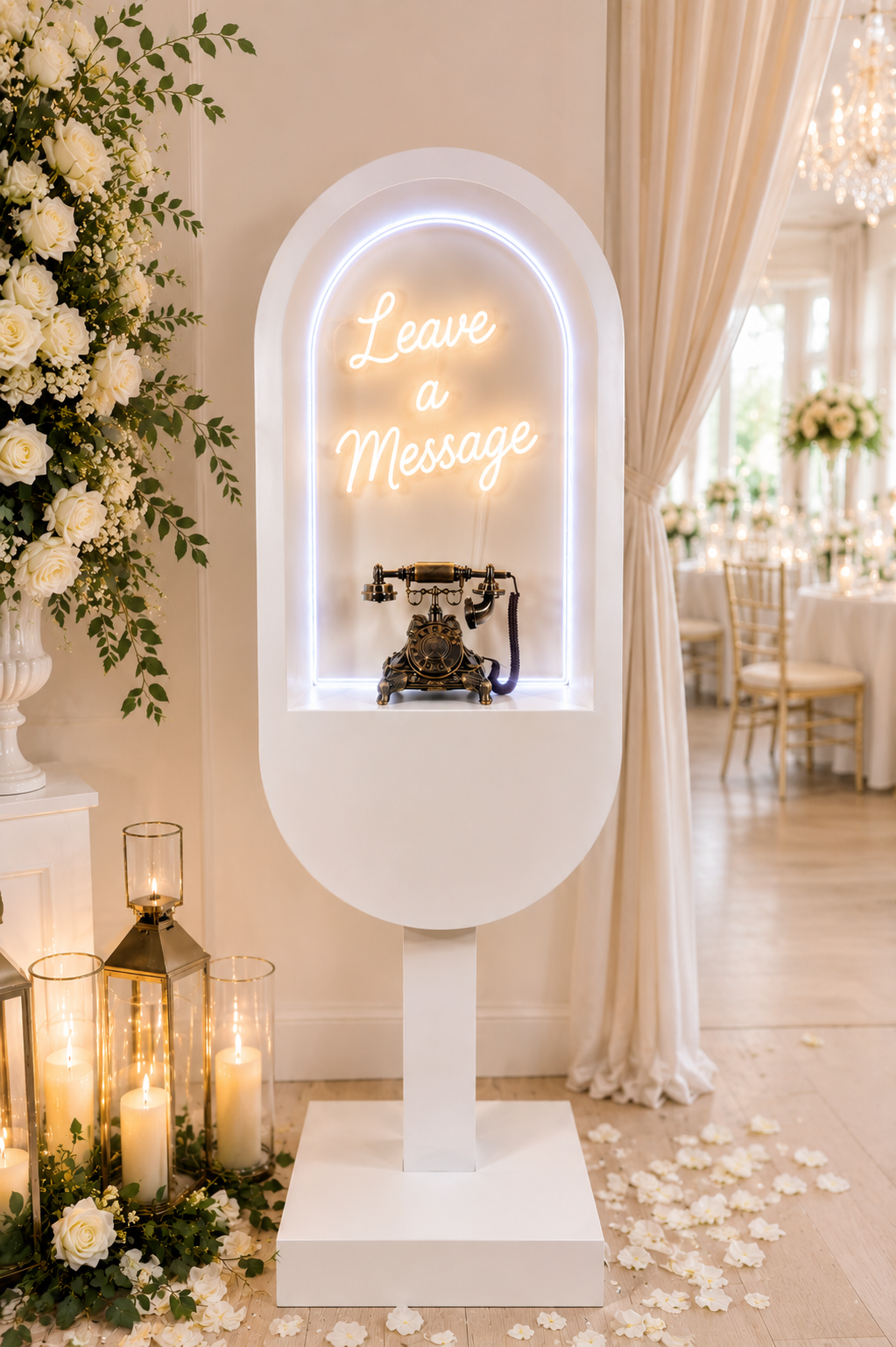 Premium white oval pedestal audio guest book with Leave a Message neon sign and antique brass phone surrounded by roses and lanterns