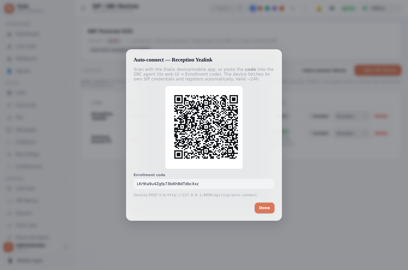 Dialix auto-connect dialog showing a QR code and enrollment code for zero-config device pairing