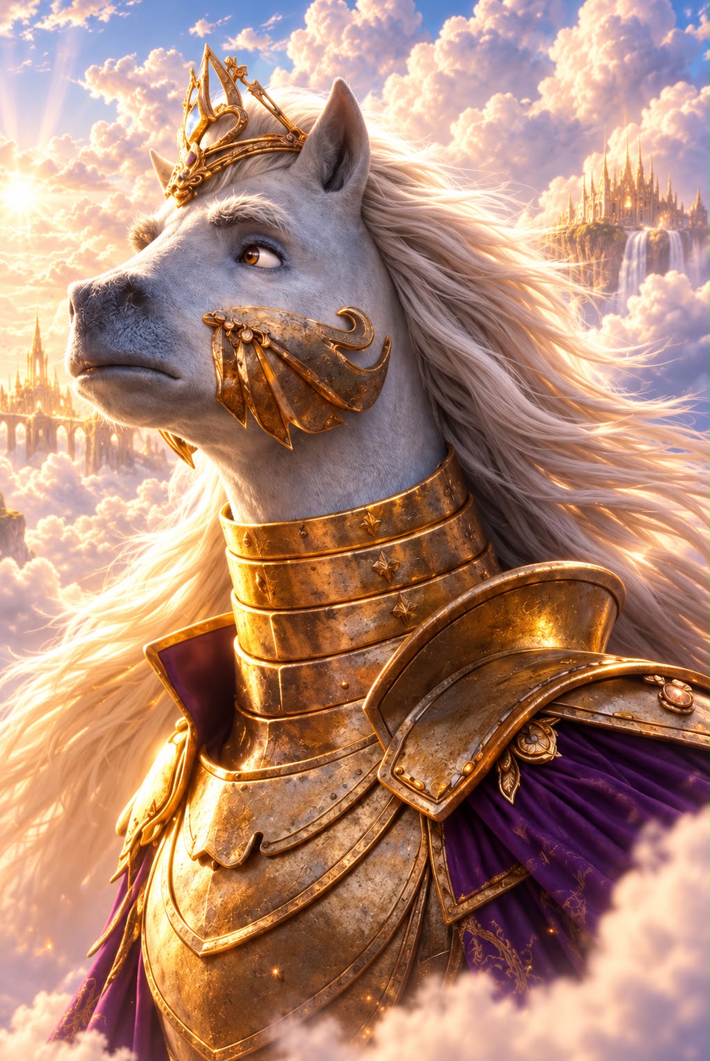 A noble unicorn knight character in golden armor with a glowing fantasy castle behind