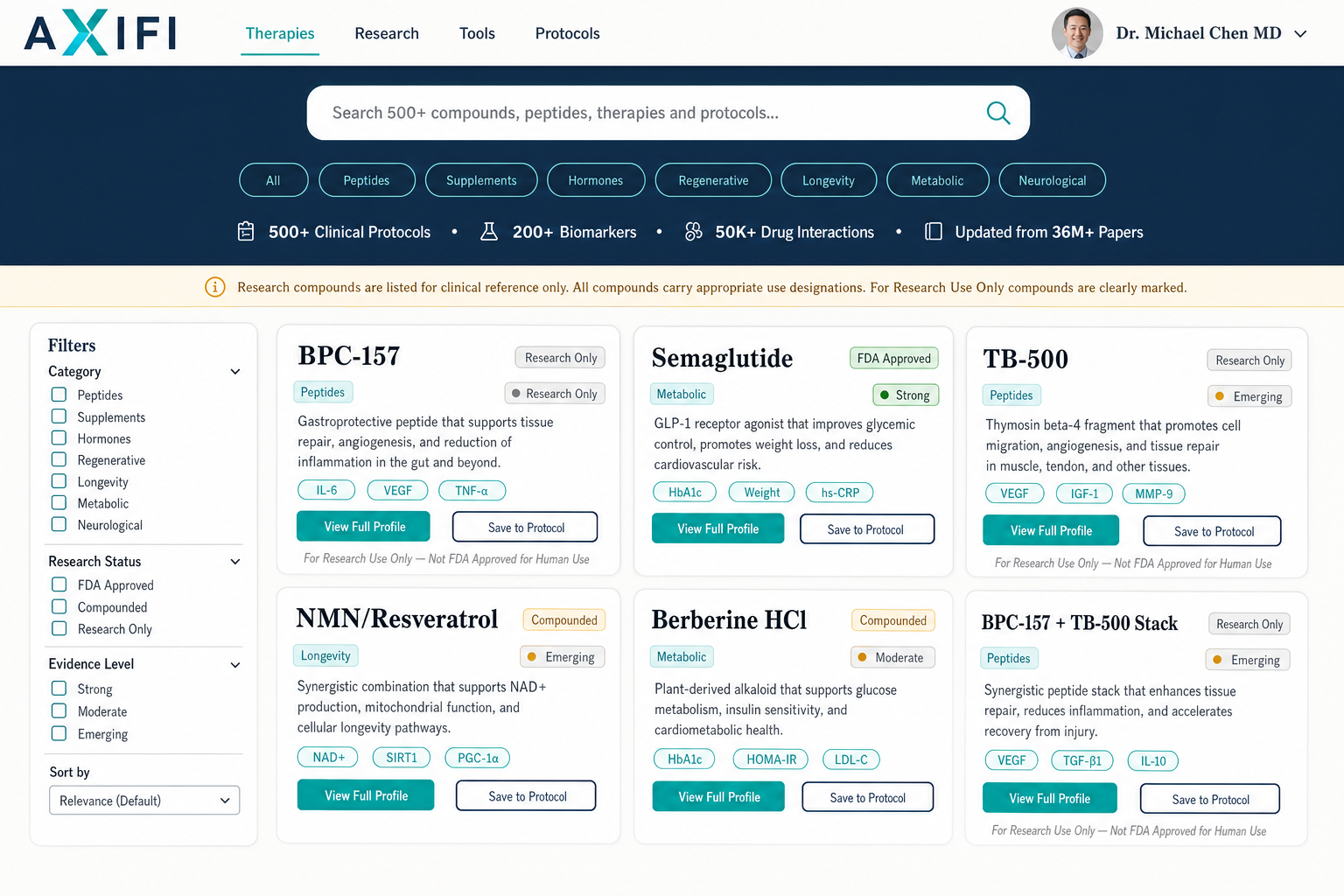 AXIFI physician portal showing compound and therapy database with search and filter