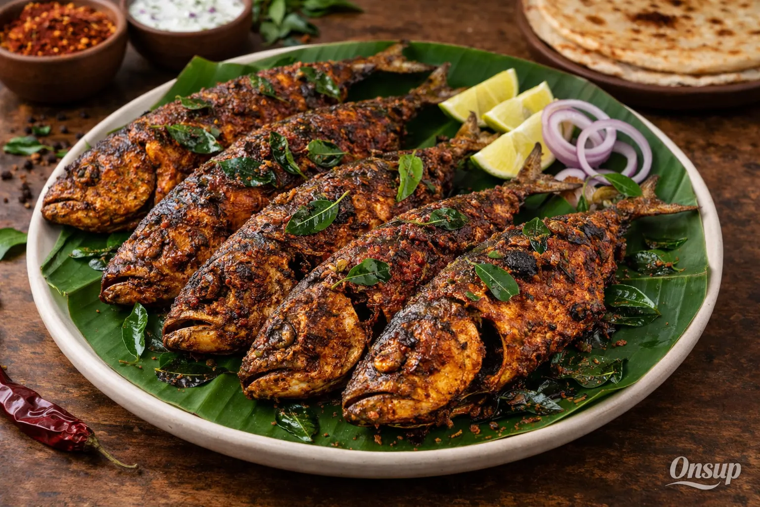 Kerala style Ayala fry – crispy mackerel on banana leaf with lime and onion