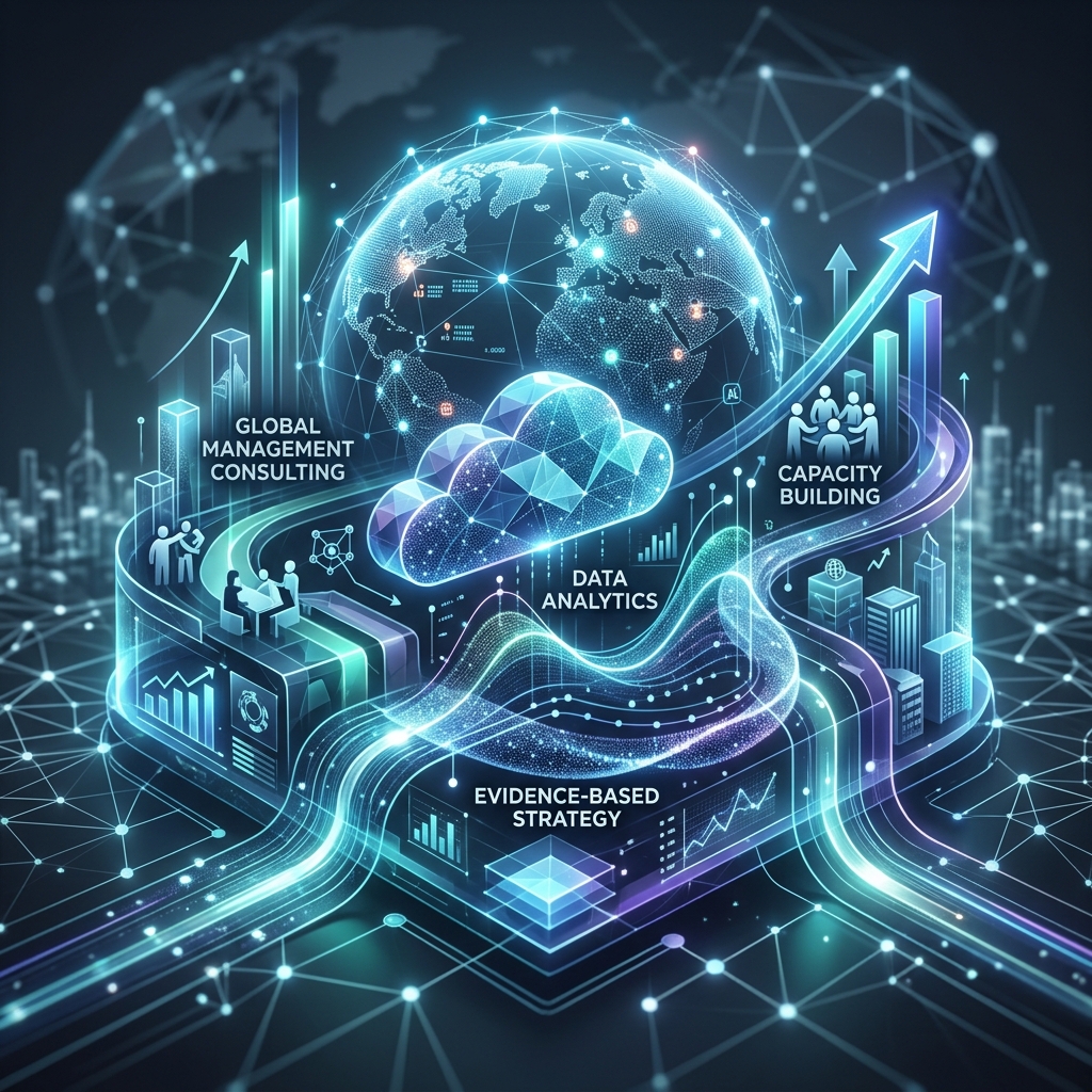 Illustration representing global management consulting, capacity building, data analytics, and evidence-based strategy