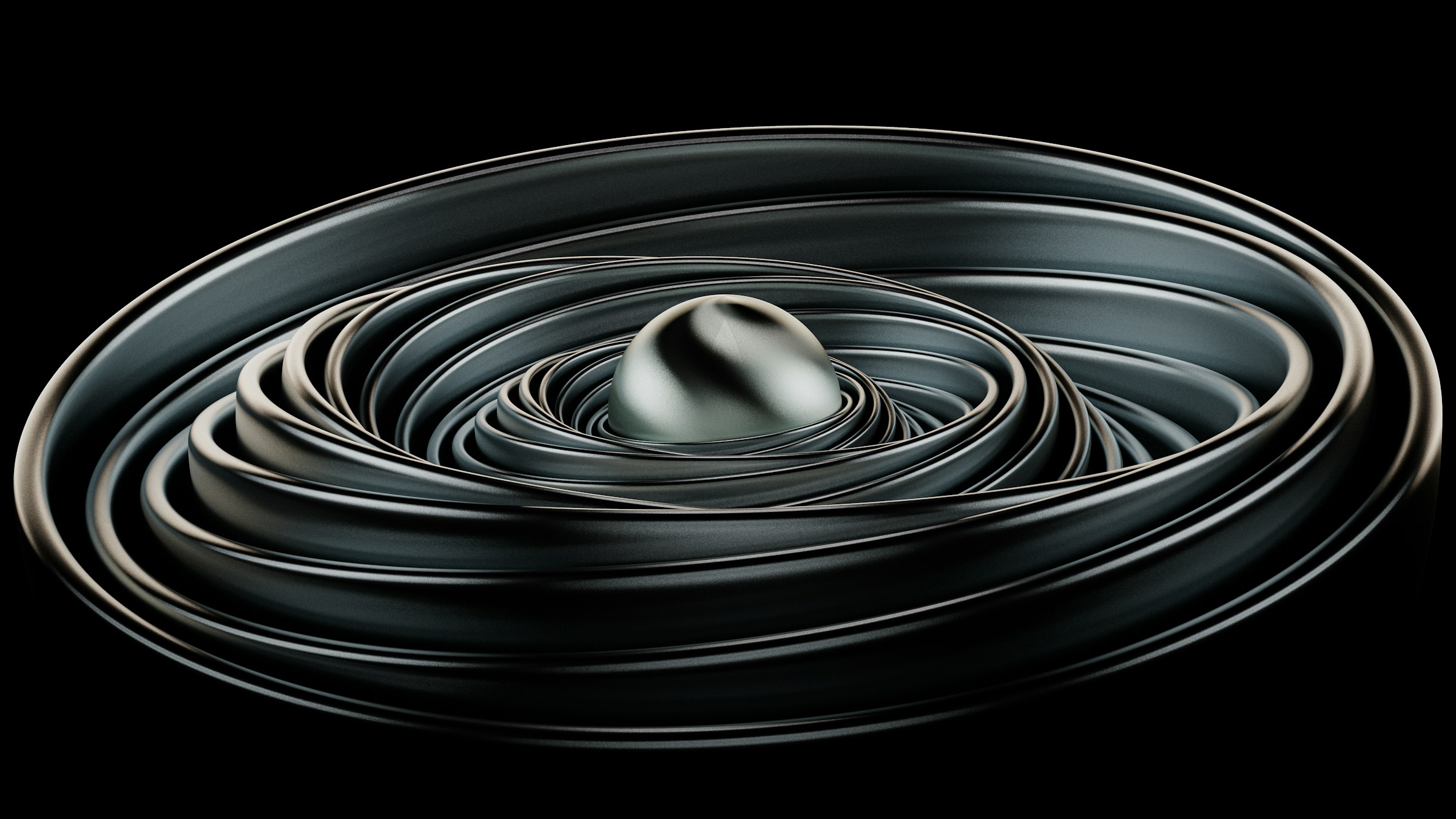 Abstract 3D metallic egg with concentric ripple rings on black background