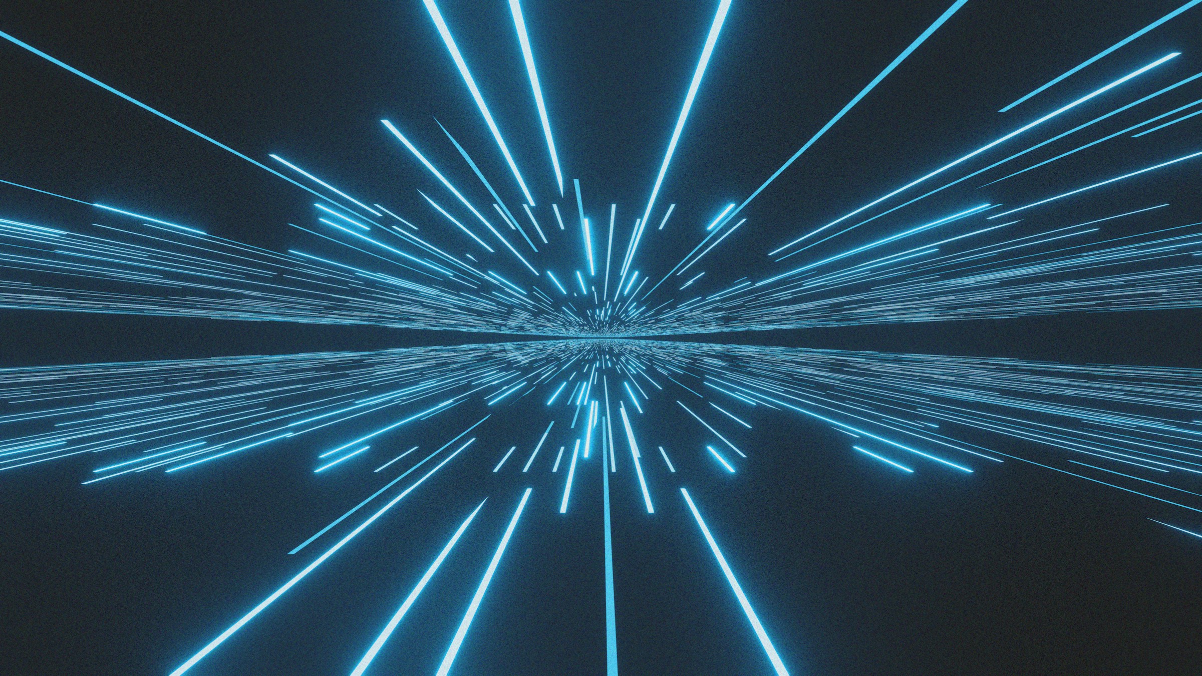 Blue neon light rays converging to center point in hyperspace effect