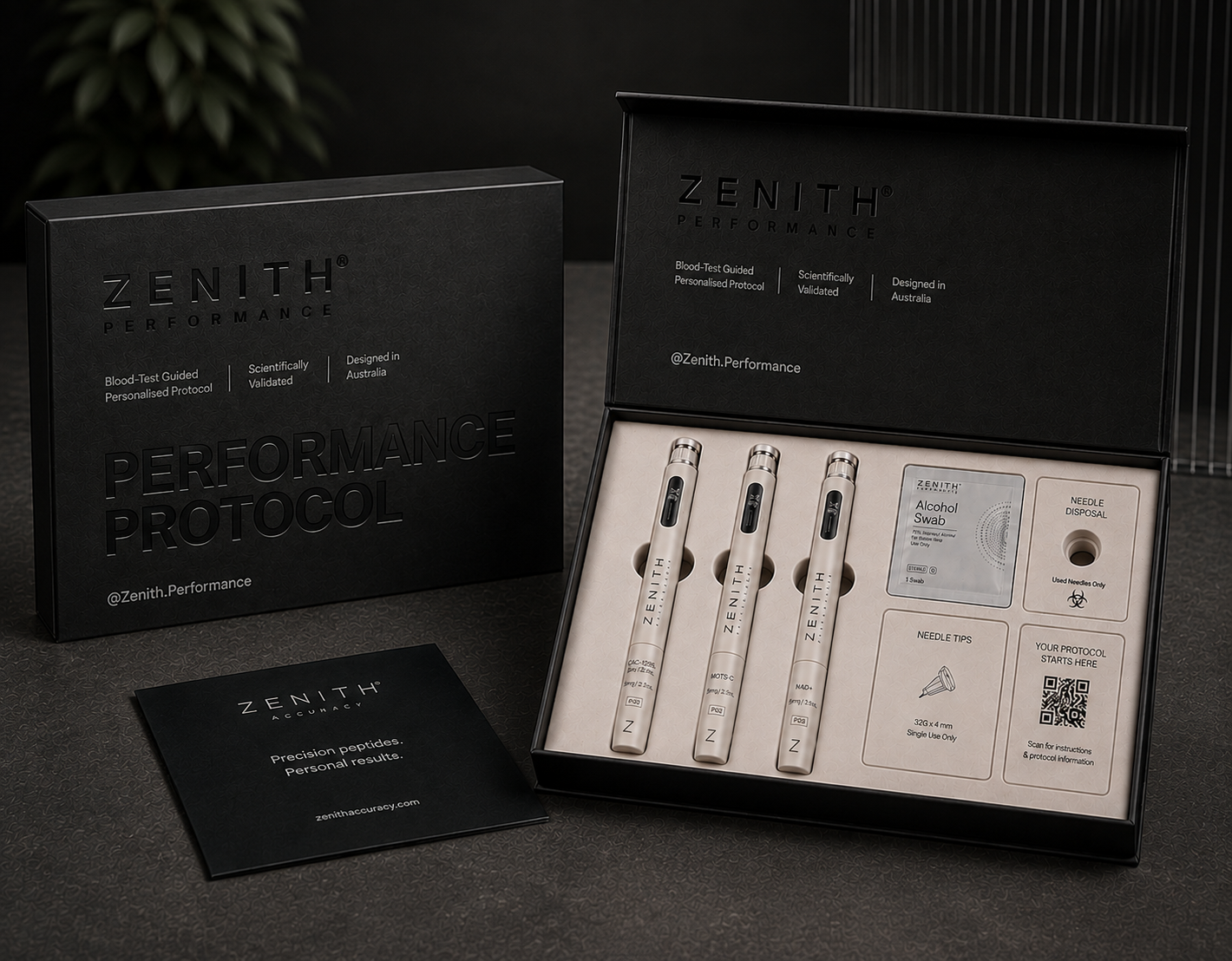 Zenith Performance Protocol box set with three labelled peptide pens, alcohol swab, needle tips and QR card on dark surface