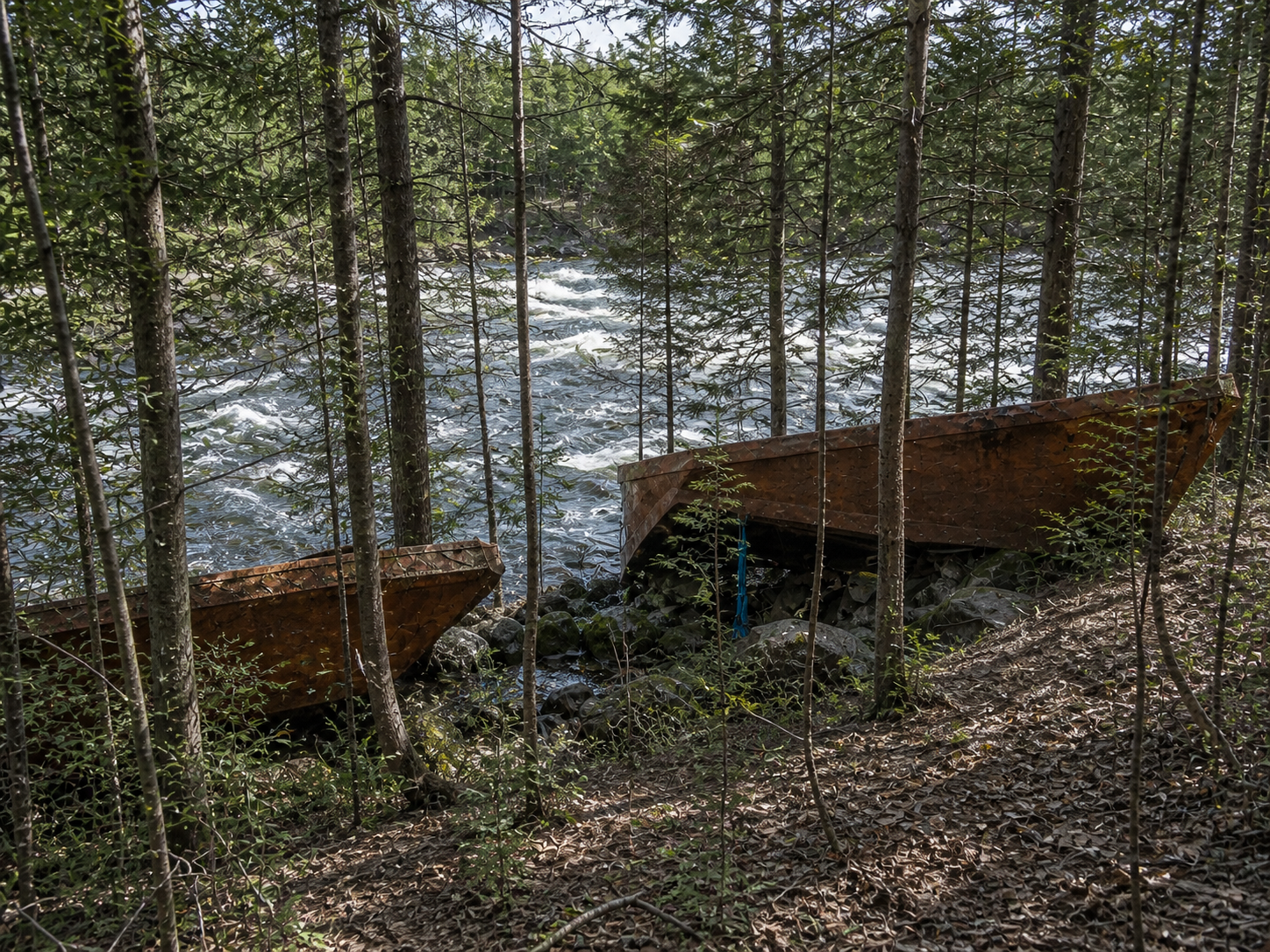 Vestiges de plateformes en bois près des rapides