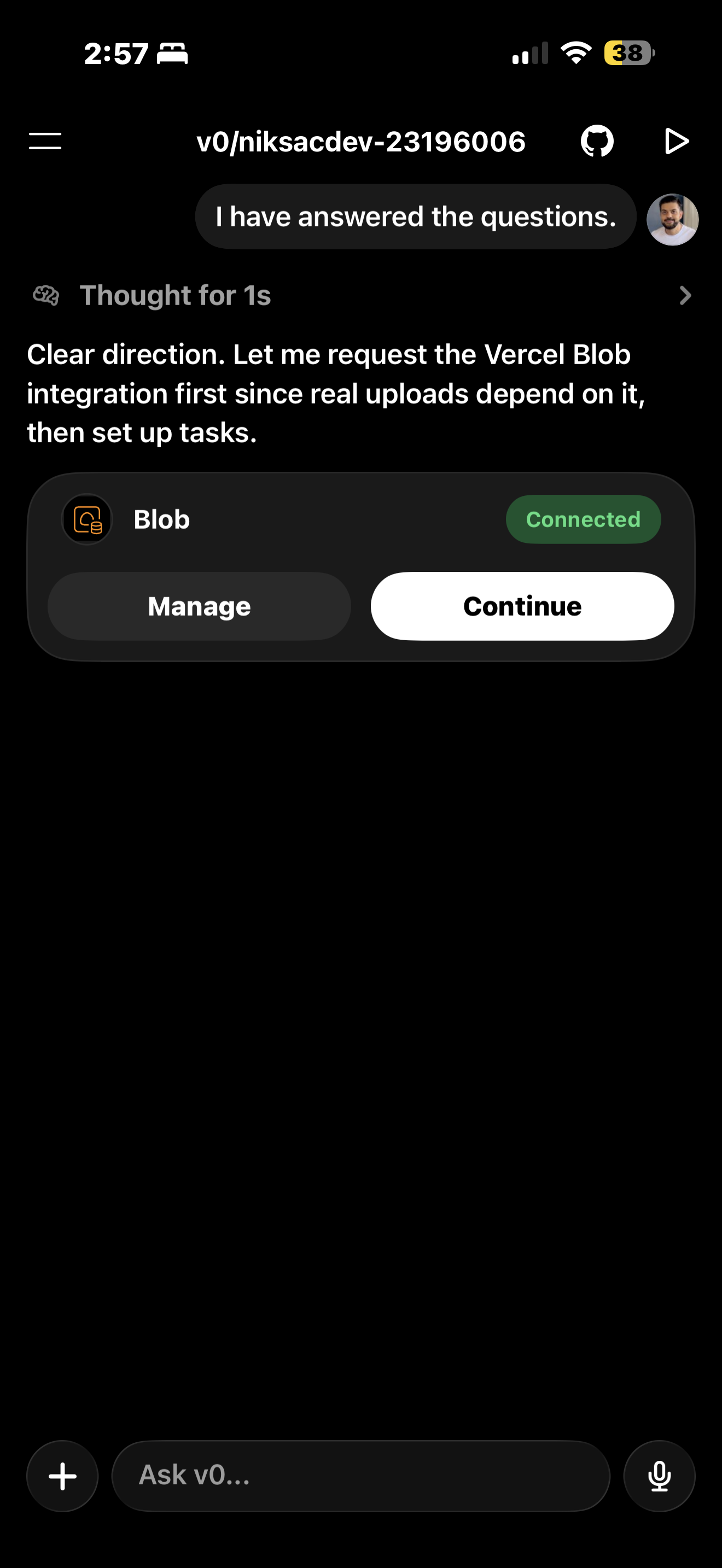 v0 mobile chat showing Vercel Blob integration connected inline with a green Connected badge