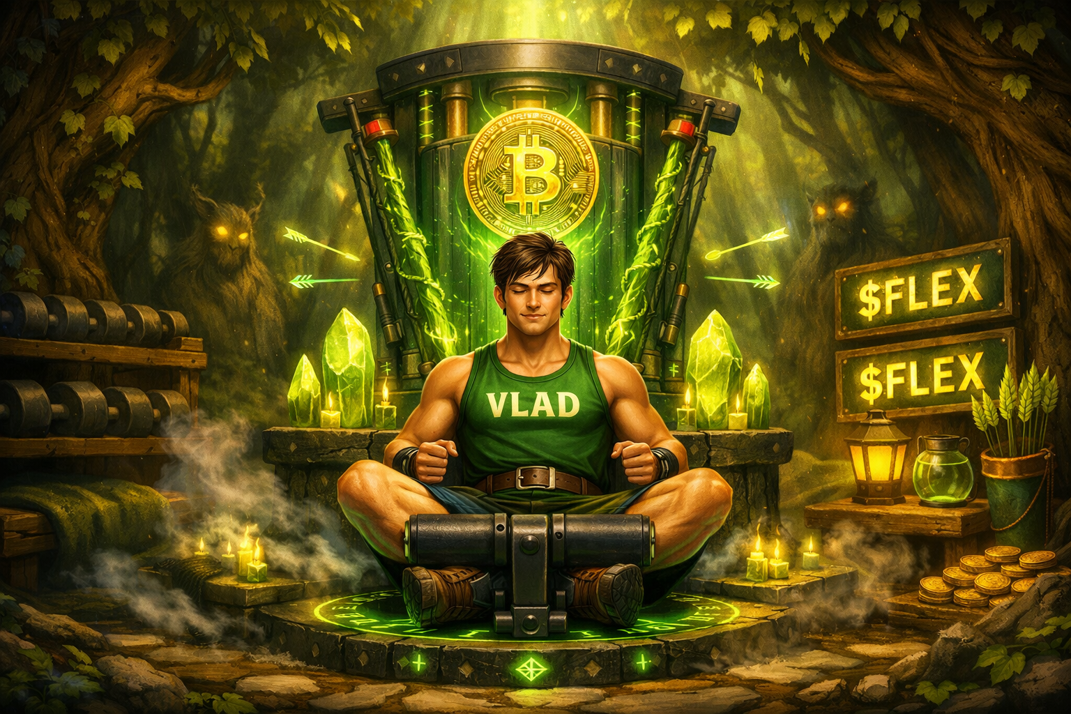 Vlad meditating before a Bowflex altar crowned with a glowing Bitcoin, green crystals and candles around him