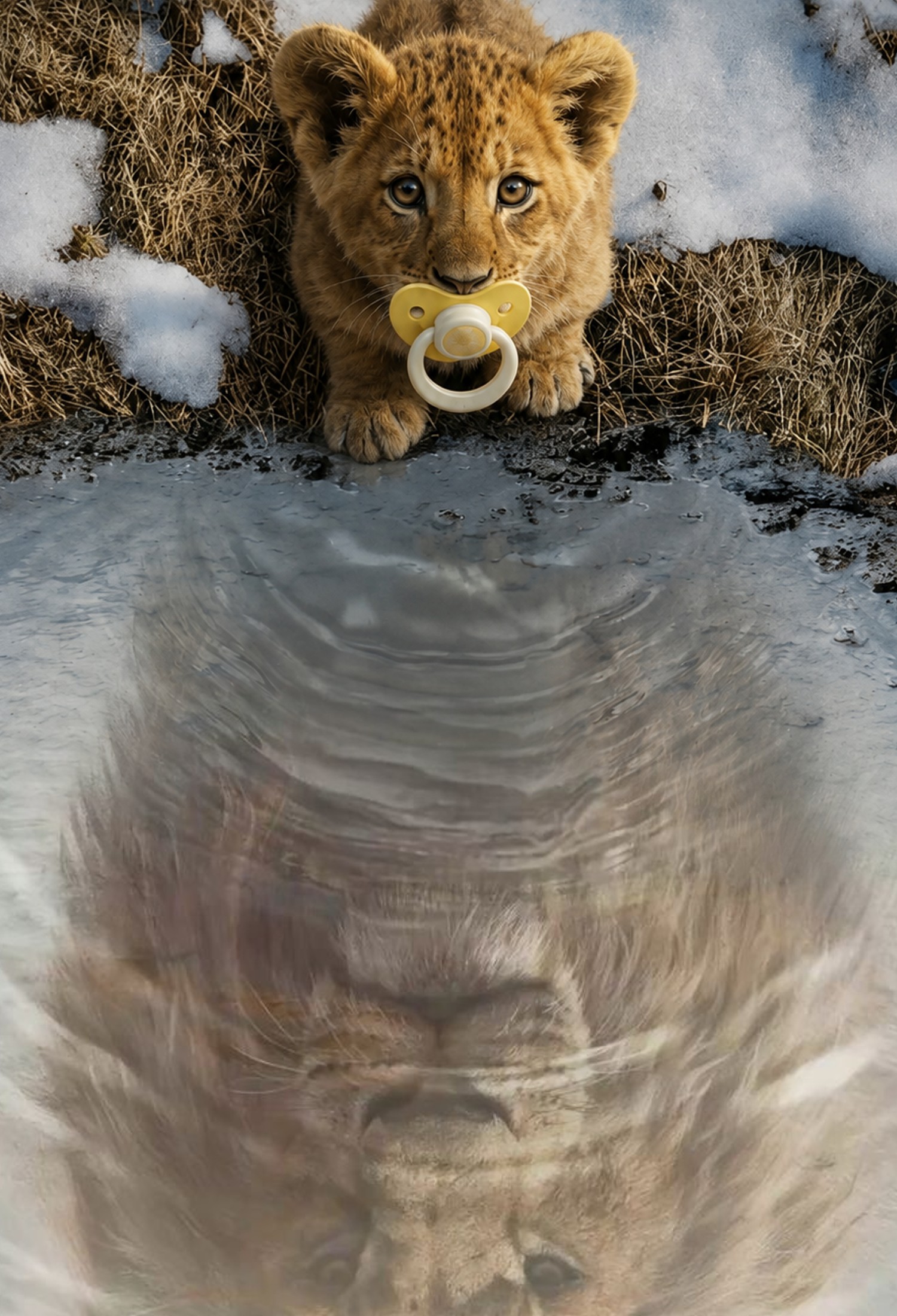 Baby lion cub seeing a lion in its reflection