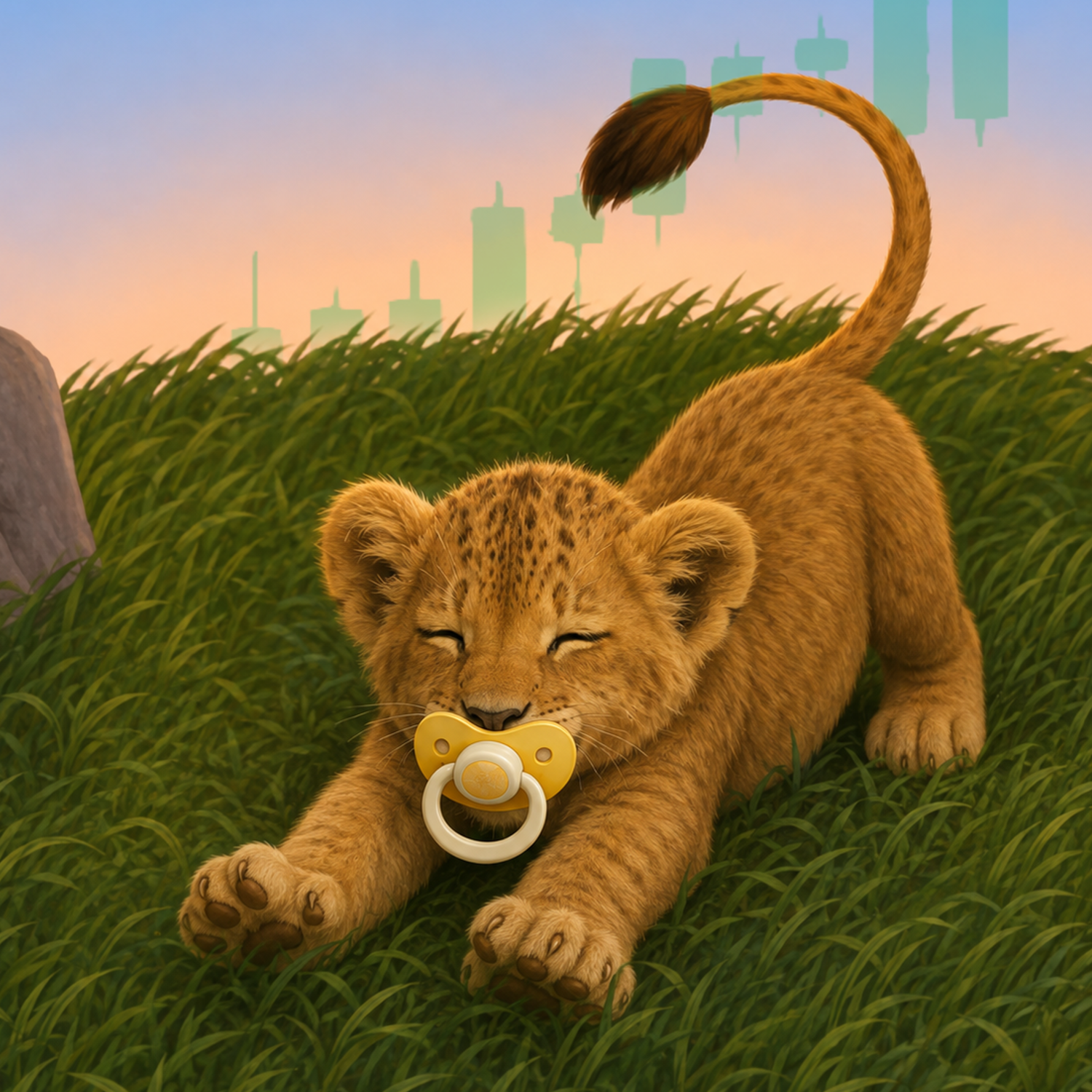 Baby lion cub stretching in front of a green candle chart