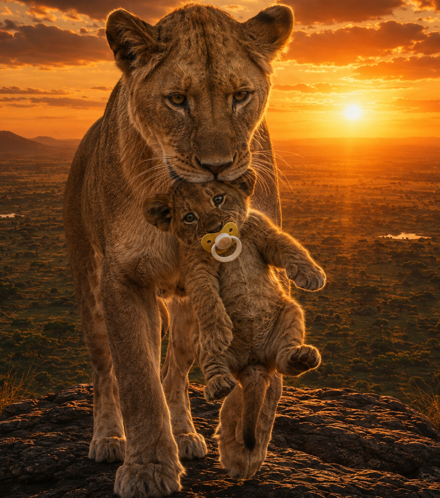 BABYKIO mother lion carrying her cub with a pacifier at sunset