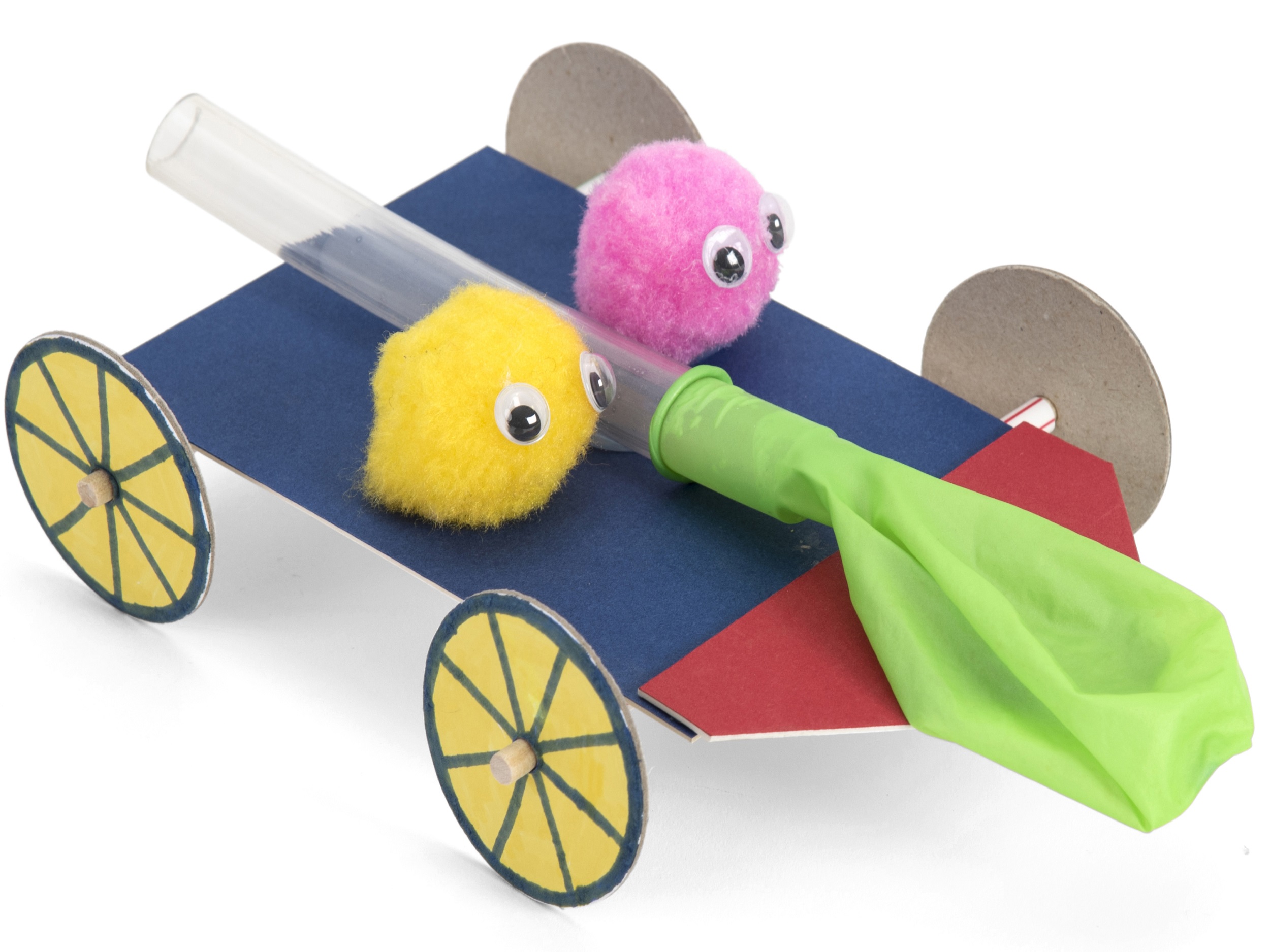 A balloon-powered buggy project featuring colorful wheels and playful pom-pom characters