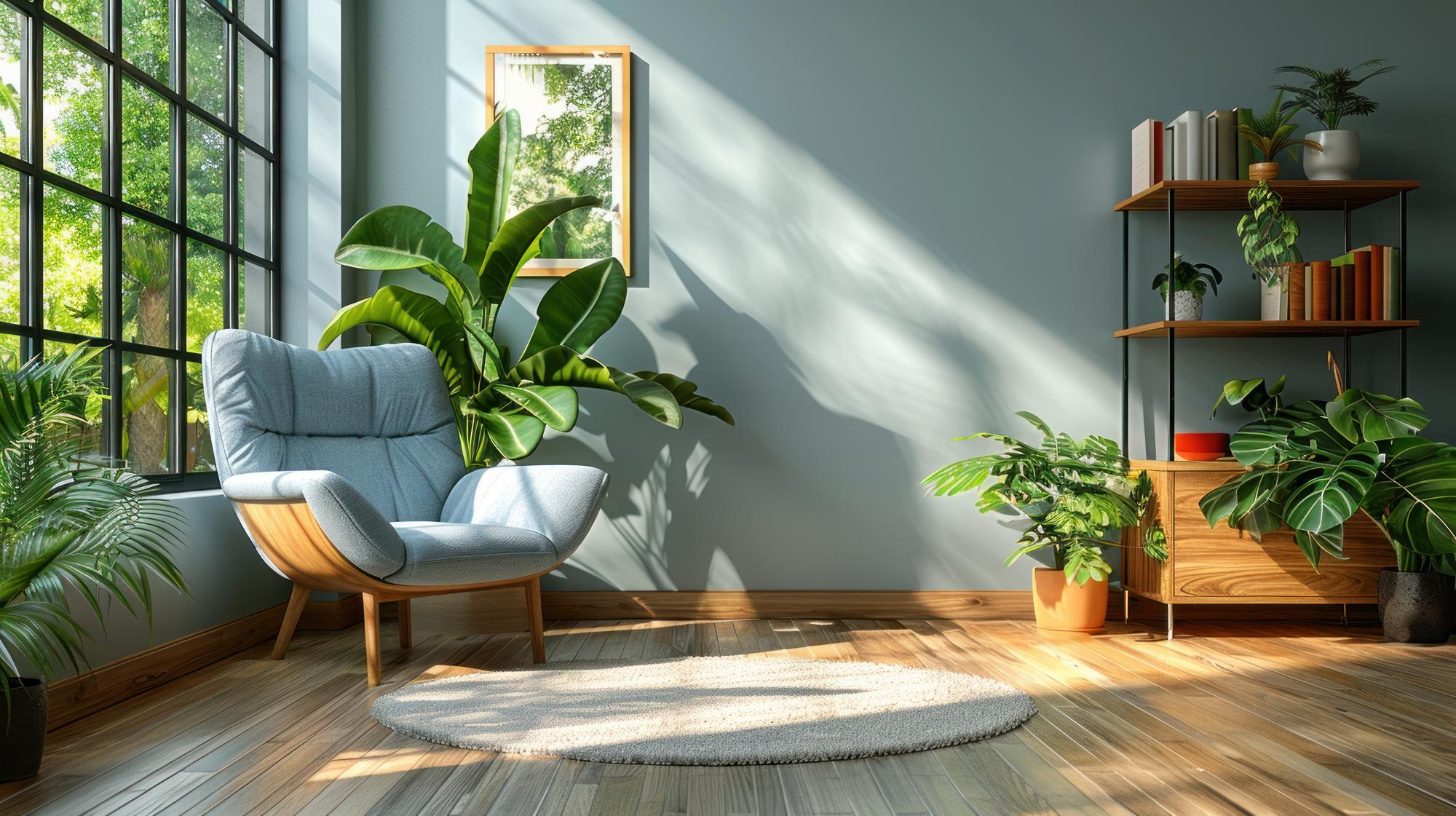 Modern living room with plants and natural light
