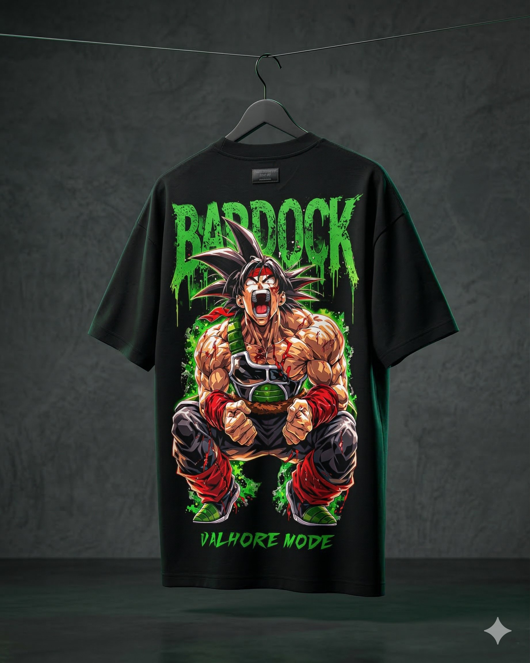 Raging Bardock black oversized t-shirt on a hanger