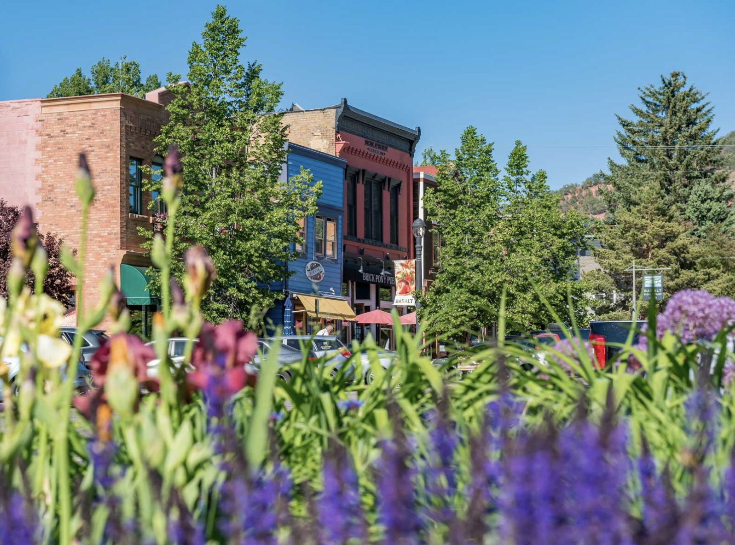 Historic downtown Basalt with spring flowers