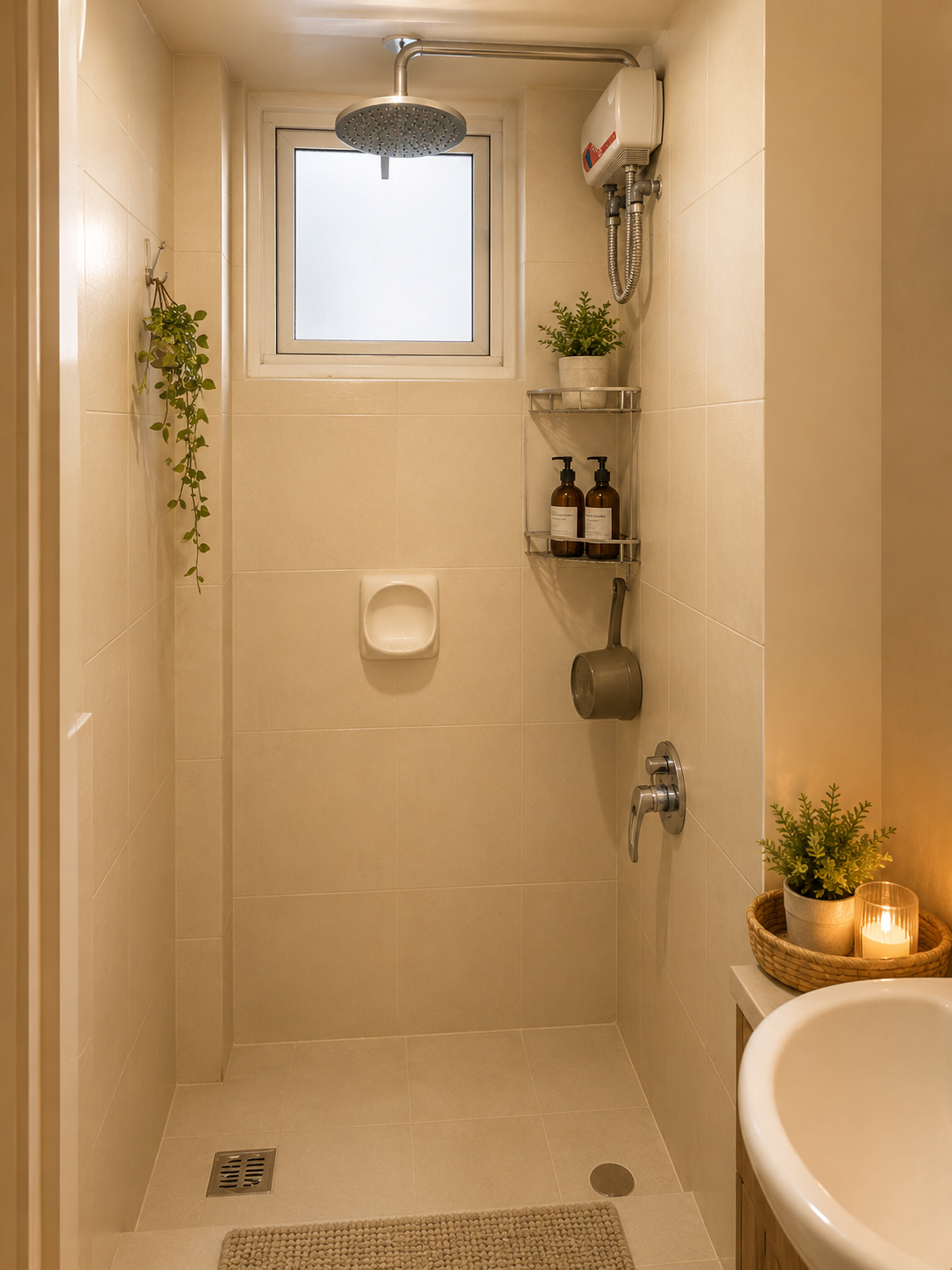 Bathroom with rainfall showerhead and modern fixtures