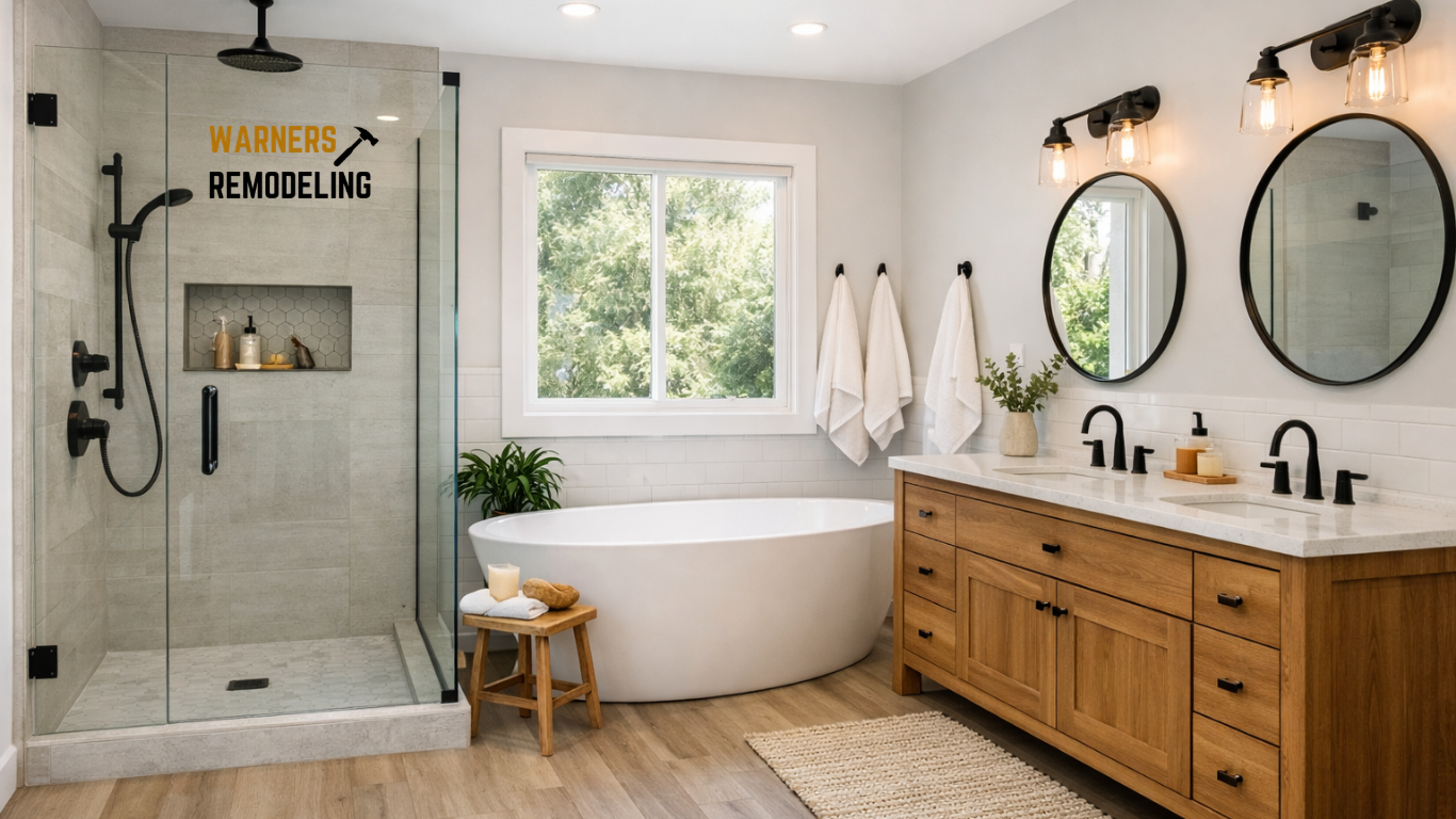 Remodeled bathroom with a glass walk-in shower, freestanding tub, wood double vanity, and round black-framed mirrors